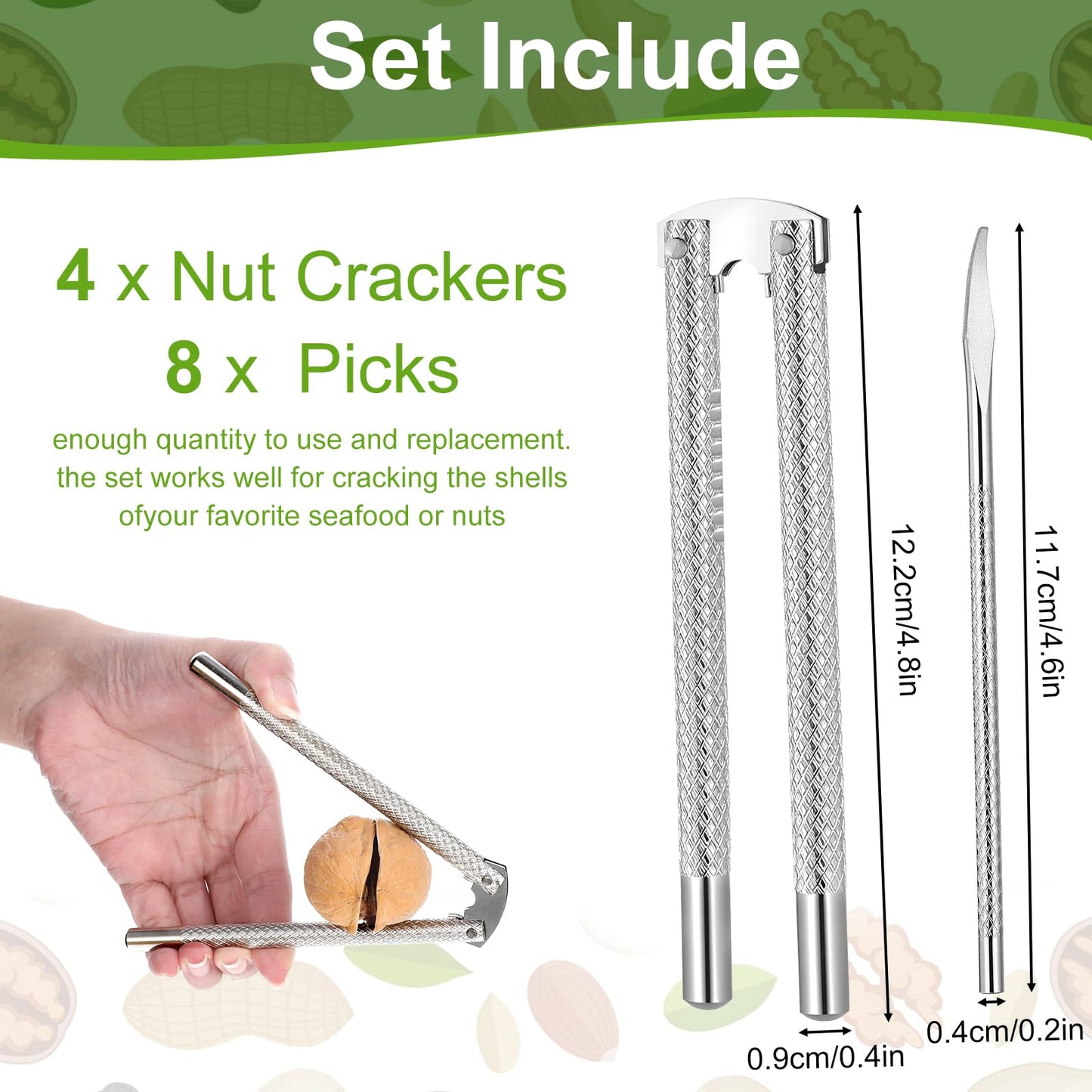 12-Piece Nut Cracker Tool Set with 4 Stainless Steel Crackers and 8 Picks for Seafood, Walnuts, Lobster, Crab, and Nuts