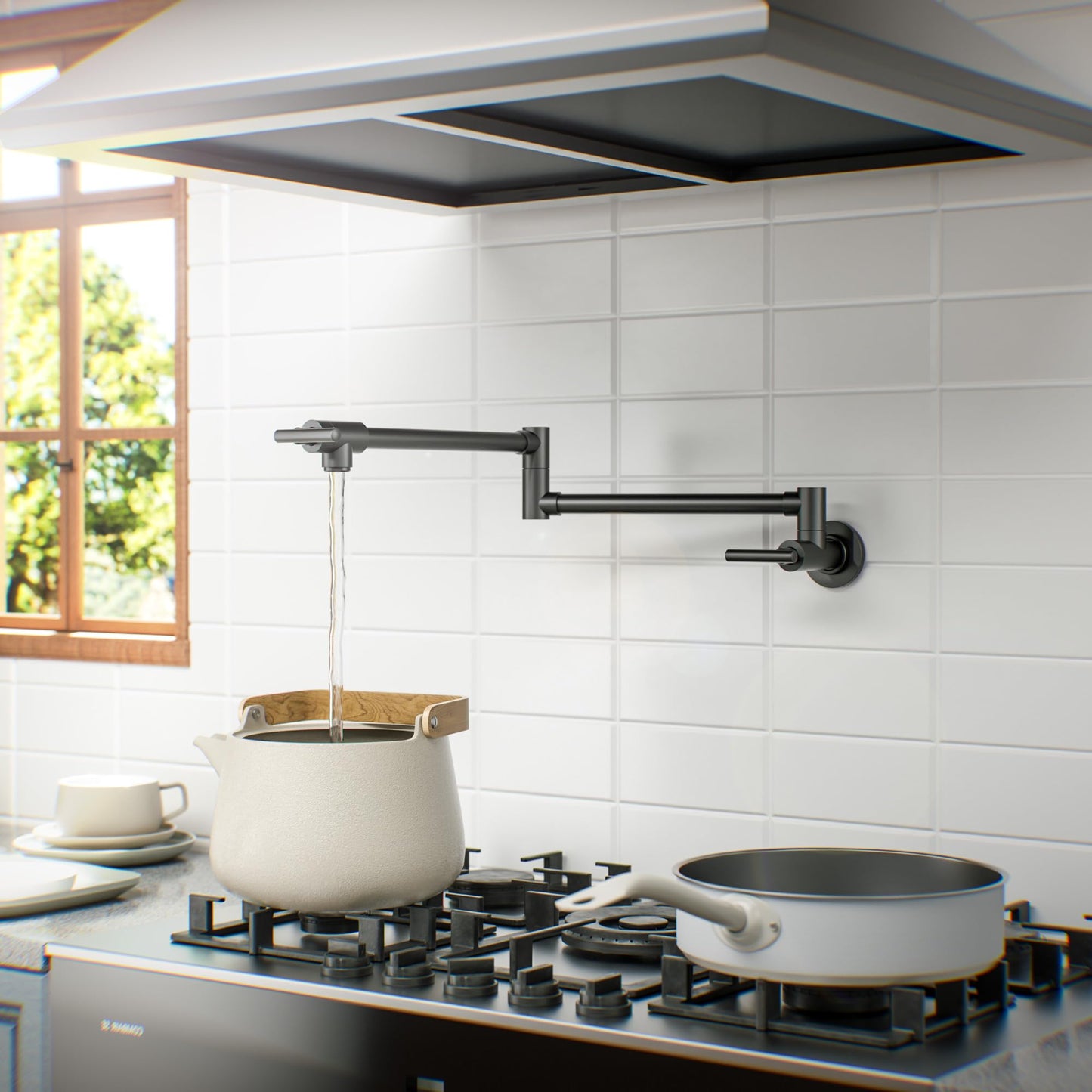 WOWOW Pot Filler Faucet Matte Black, Brass Pot Filler Wall Mount Kitchen Stove Faucet with Double Joint Swing Arms