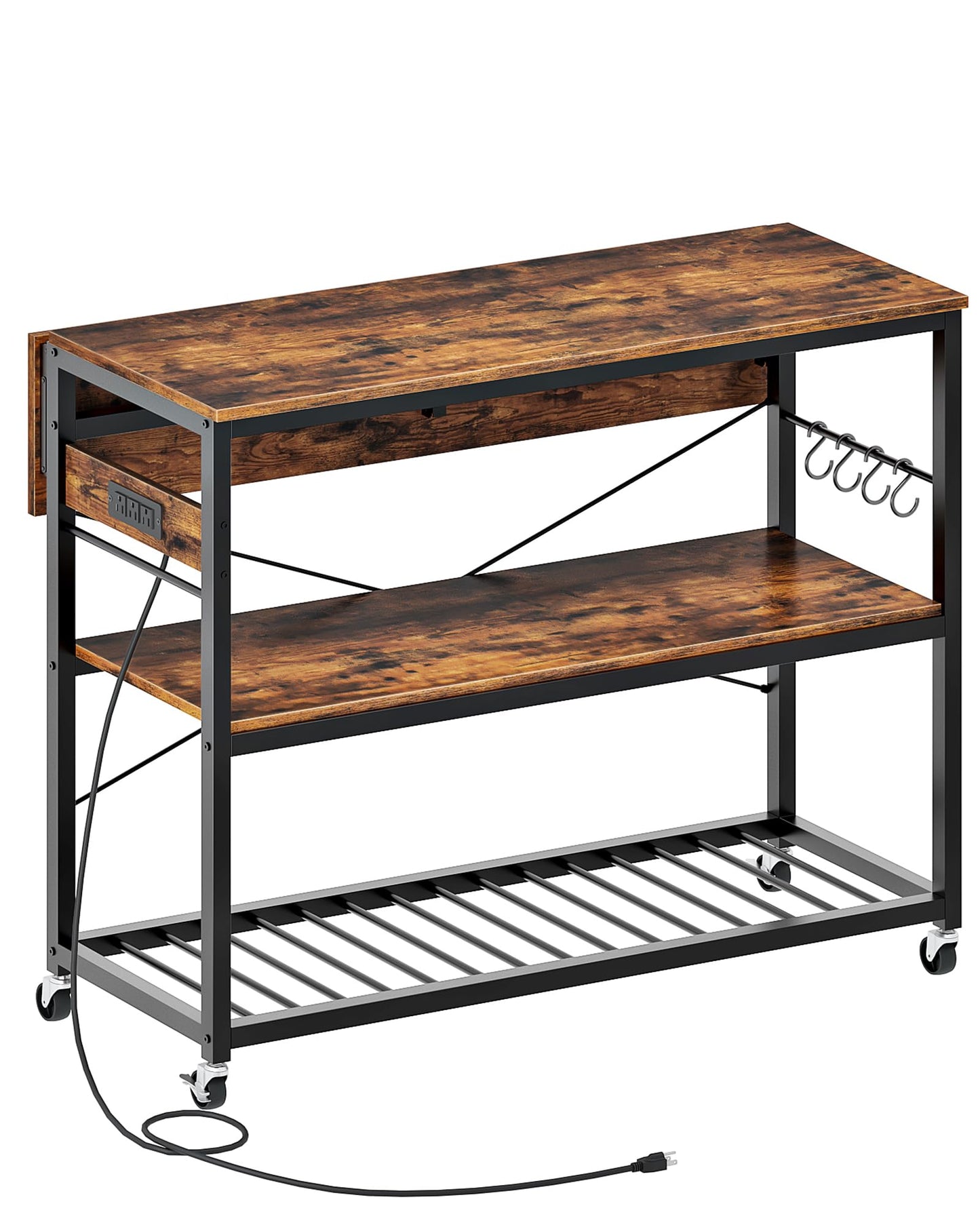 CHOEZON Kitchen Island with Power Outlet and Folding Top, Movable with 3-Tier Storage, Large Size, Wooden Shelves and Wine Rack, for Kitchen, Dining and Living Room, Rustic Brown and Black TZD02UBF