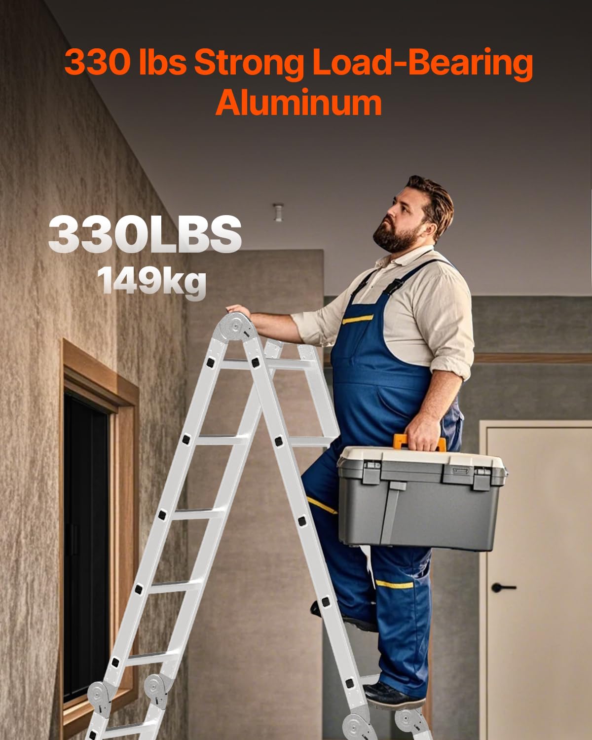 VEVOR Multi-Purpose Folding Ladder, 7-in-1 Tall Extension Step Ladder, A Frame 4 Step Telescoping Ladder, 15.5ft Reach Height Heavy Duty Adjustable Ladder, 330 lbs Capacity for Home Outdoor