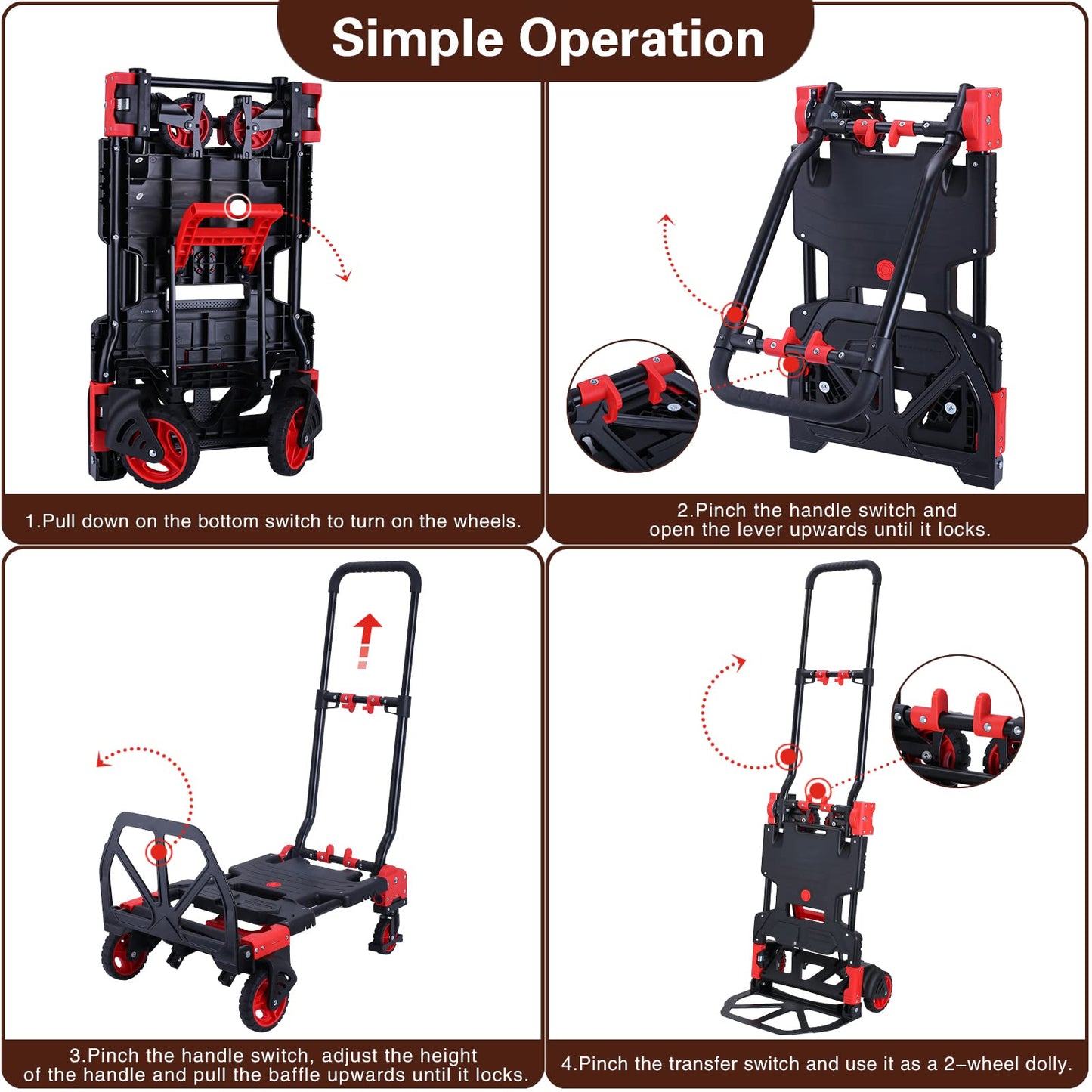2-in-1Hand Truck Dolly Foldable with Folding Basket,330LBS Capacity Handtruck,Hand Truck Foldable Dolly with 4 Wheels,Dolly Cart with Retractable Handle,Folding Hand Cart for Moving