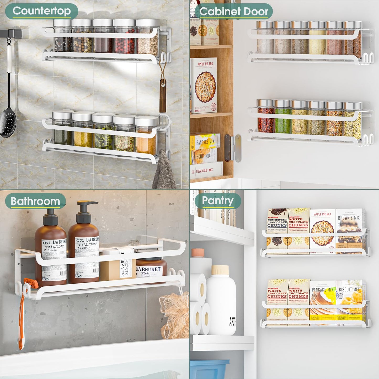 LUCYCAZ 4 Pack Wall Mounted Spice Rack with 16 Hooks, Spice Organizer Shelf for Stove Cabinet Pantry Door,Screw or Adhesive Spice Shelf Hanging Wall Spice Rack in Kitchen and RV (White, 4 PACK)