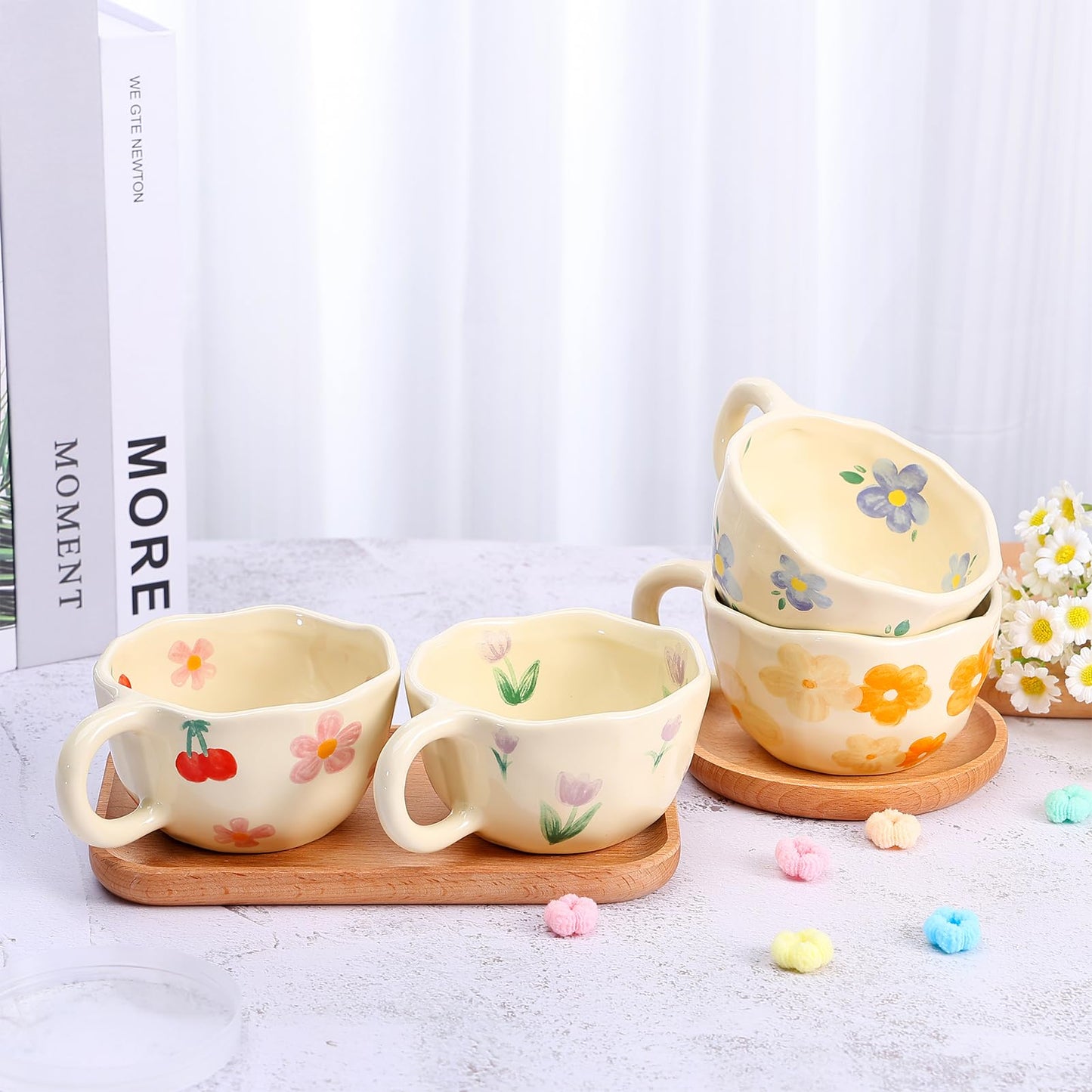 NAYAHOSE Ceramic Coffee Mug, Creative Cute Coffee Mugs Handheld Irregular Aesthetic Flower Ceramic Mug for Women Latte Tea Milk Oats Cup Breakfast Cups，8.5 oz/250 ml (Red Cherry)