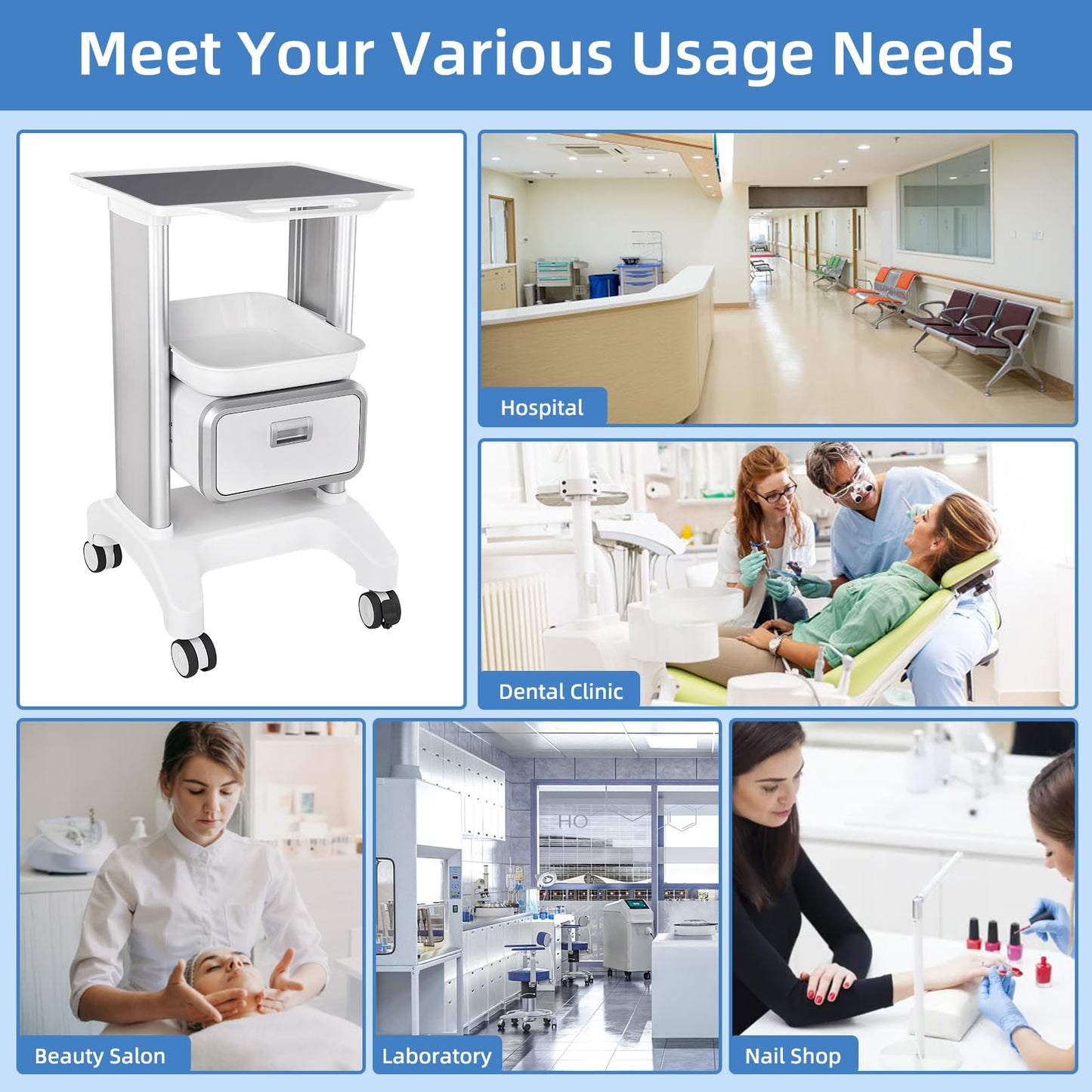 Portable Professional Medical Trolley Cart Load 130 Lbs with Drawers and Silent Wheels for Beauty SPA Home Hospital Office Medical Clinic
