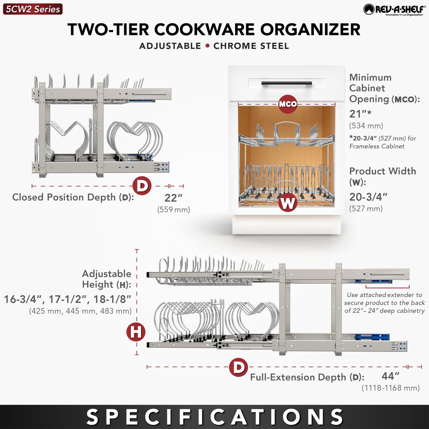 Rev-A-Shelf 2-Tier Kitchen Cabinet Pullout 20.75" Cabinet Organizer for Pots, Pans, and Lid Cookware, Adjustable Heavy Duty Wire, Chrome, 5CW2-2122-CR