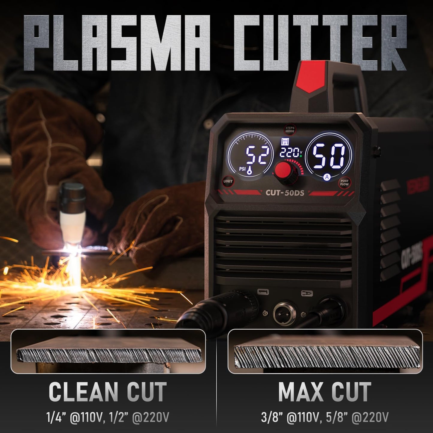 YESWELDER CUT-50DS Plasma Cutter 50Amp, 110/220V Dual Voltage IGBT Inverter with Digital Display, 1/2" Clean Cut, for DIY & Automotive Repair Plasma Cutting Machine
