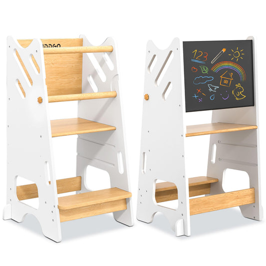 Toddler Standing Tower with Safty Rail & Non-Slip Pads, 3 Height Adjustable Toddler Tower with Chalkboard, Great for Kitchen Activities, Hand Washing & Creative Play, White