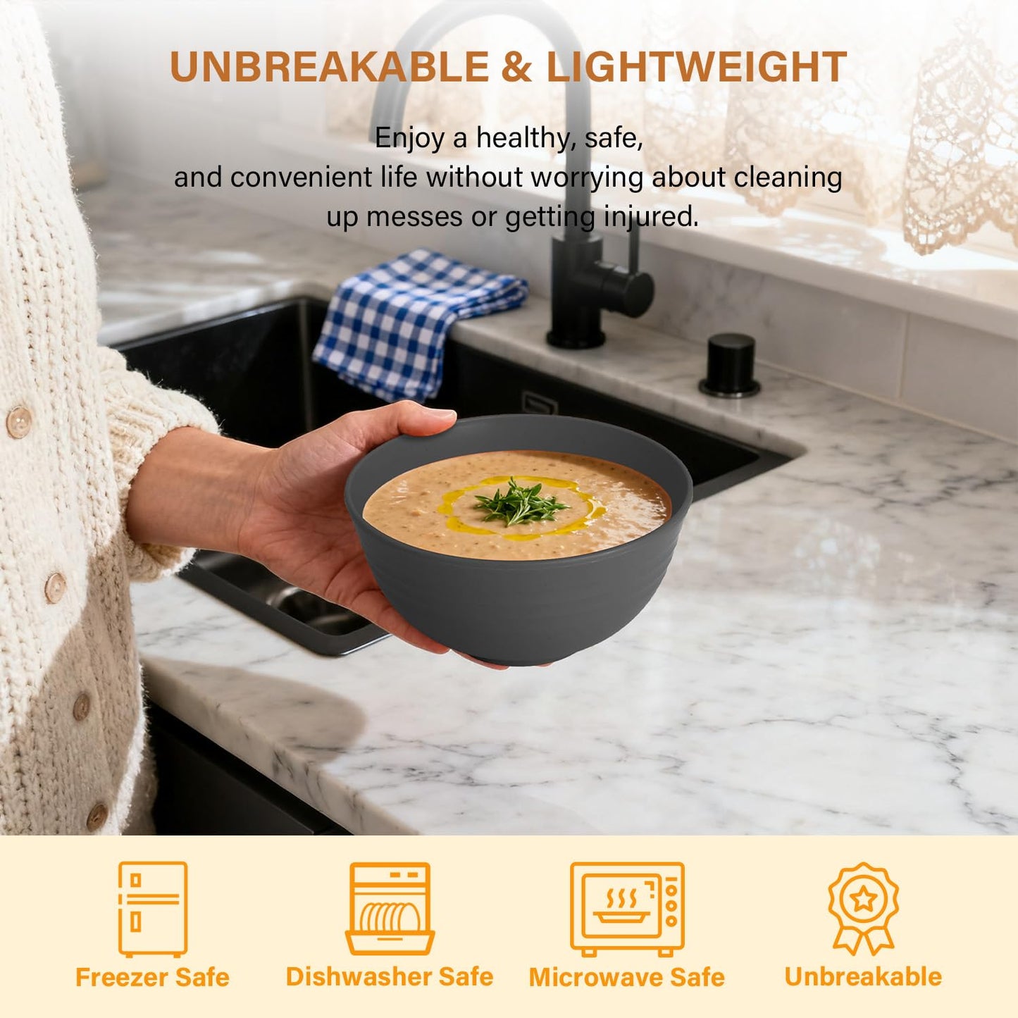 Hoimenly Wheat Straw Bowls for Kitchen, Unbreakable Cereal Bowl Set of 8, 26oz Microwave and Dishwasher Safe Bowls Set for Party, Camping, Alternatives to Plastic Bowl, Stackable Soup Bowls(Dark Grey)
