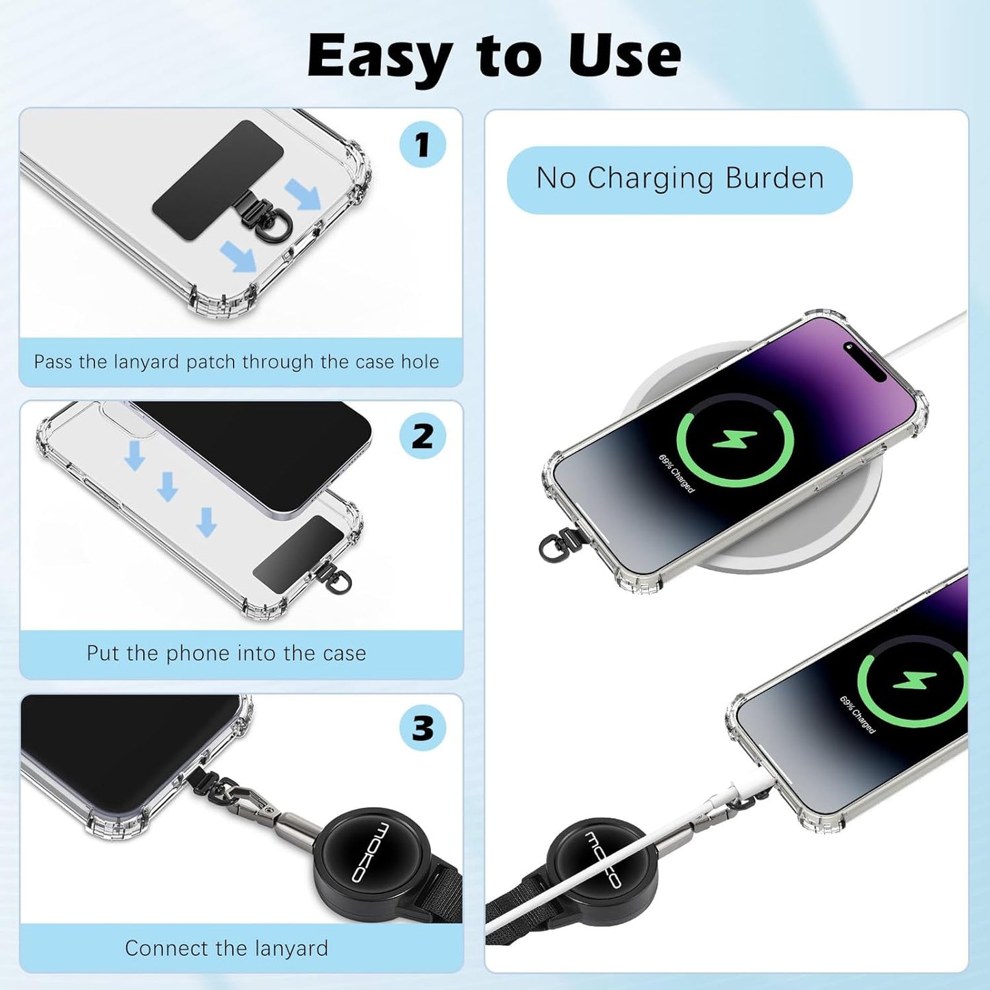360 MoKo Anti-theft Phone Tether, Phone Lanyard & Keychain Retractable Steel Line Cellphone Strap with Locking