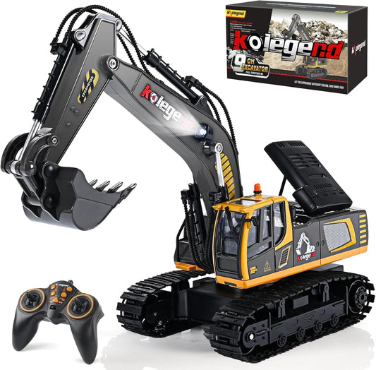 kolegend Remote Control Excavator Toy for Boys, 11 Channel RC Construction Truck with Lights, 2 x Batteries RC Excavator Toys Gift for 6 7 8 9 10 Years Old Kids Boys