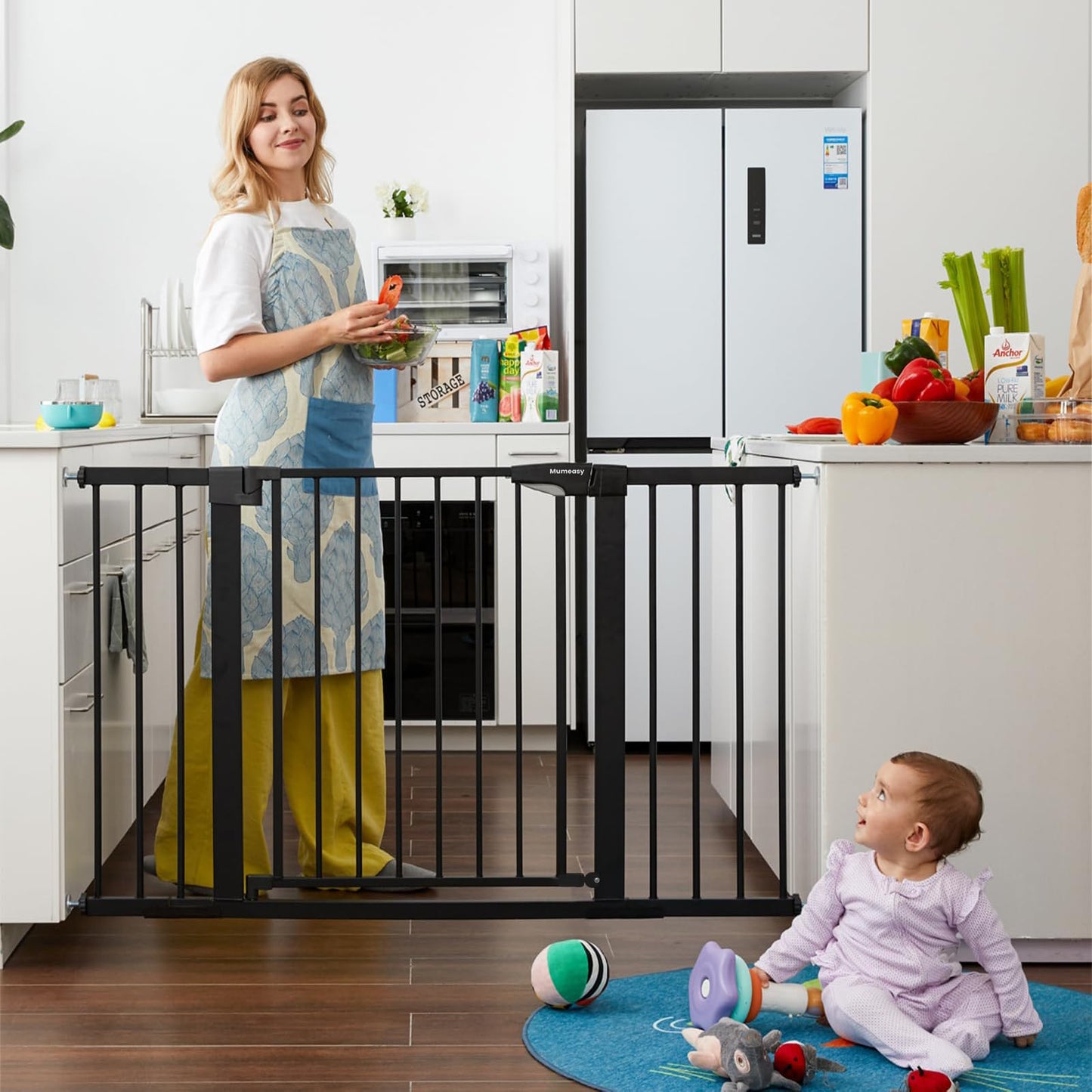 Mumeasy Baby Gate Extra Wide, 29.5-51'' Pressure Mounted Dog Gate with Walk Thru Door, Auto Close Pet Gate for House, Stairs, Doorways,Black