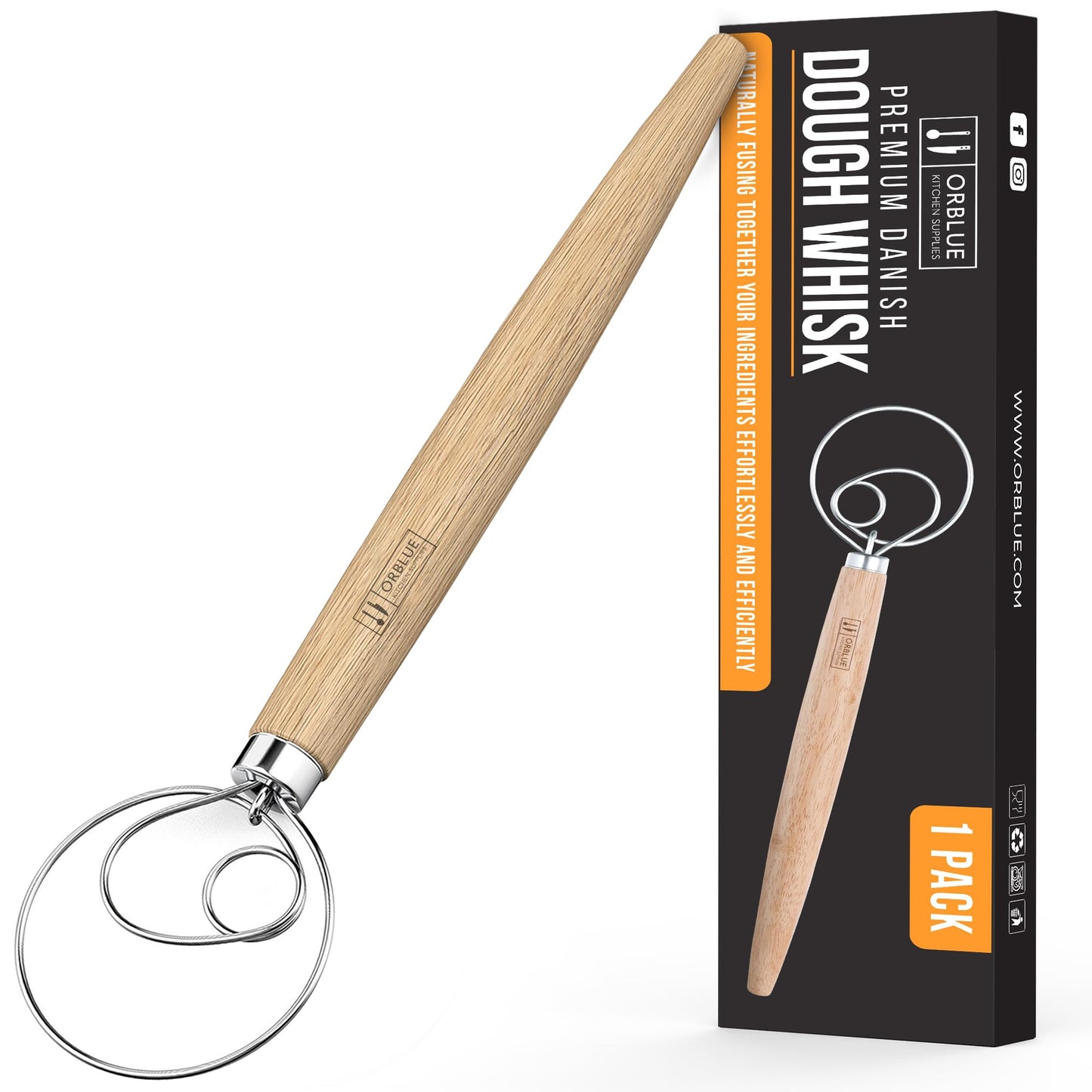 ORBLUE Premium Danish Dough Whisk - Dutch Whisk with Stainless Steel Ring - Danish Whisk for Bread, Pastry or Pizza Dough, 13-inch 1-PACK
