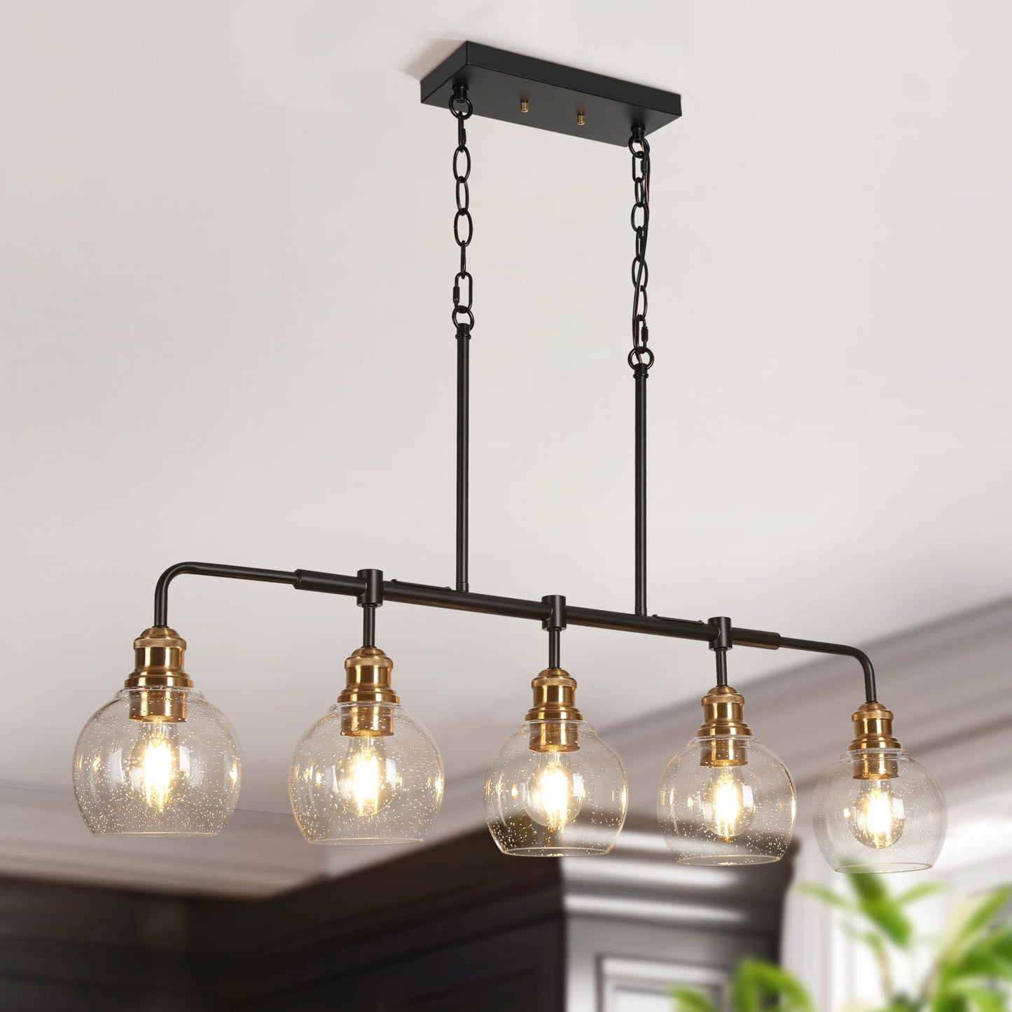 KSANA 5 Light Kitchen Island Lighting, Mid-Century Modern Linear Chandelier Black and Electroplated Copper Dining Room Light Fixtures with Seeded Glass Shade, 39" W