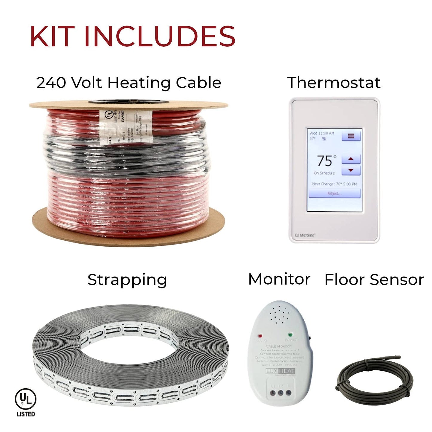 LuxHeat 160sqft Floor Heating Cable Kit - 240v Under Tile Floor Heater Kit - Heated Flooring System Includes UDG4 Programmable Thermostat w/GFCI, Heating Cable, Strapping, Flooring Sensor & Alarm