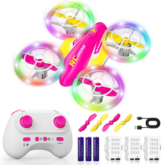FUNPX LED RC Drone for Kids 6+, Christmas Birthday Gift for Boys & Girls with Remote Batteries, 360° Flip, High Speed Mode, 45 Min Flight Indoor and Outdoor Flying Toy - RoseRed Yellow