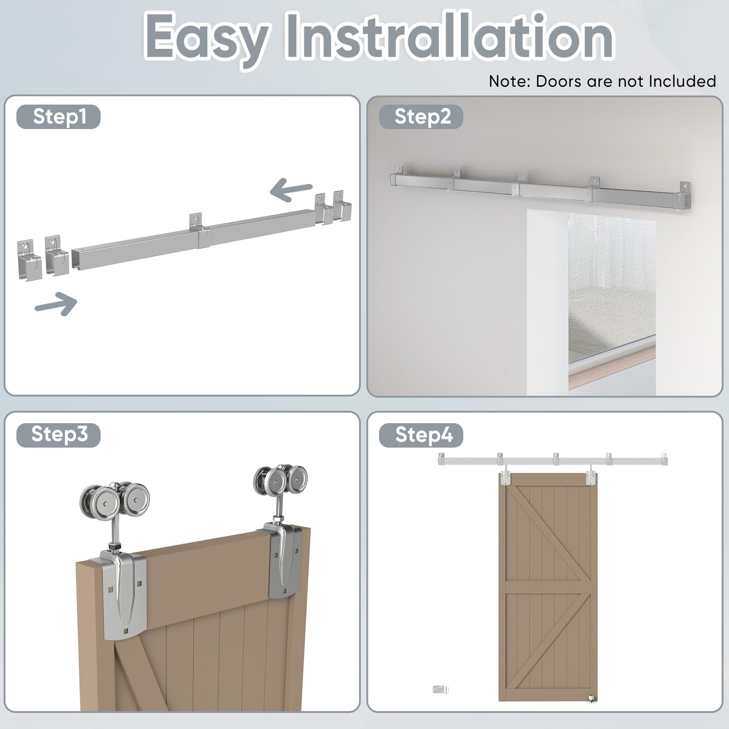 JUBEST 12FT Box Rail Exterior Barn Door Hardware Kit, Heavy-Duty Silver Sliding Barn Door Track System, Wall Mount Door Hardware Kits (Door Not Included)