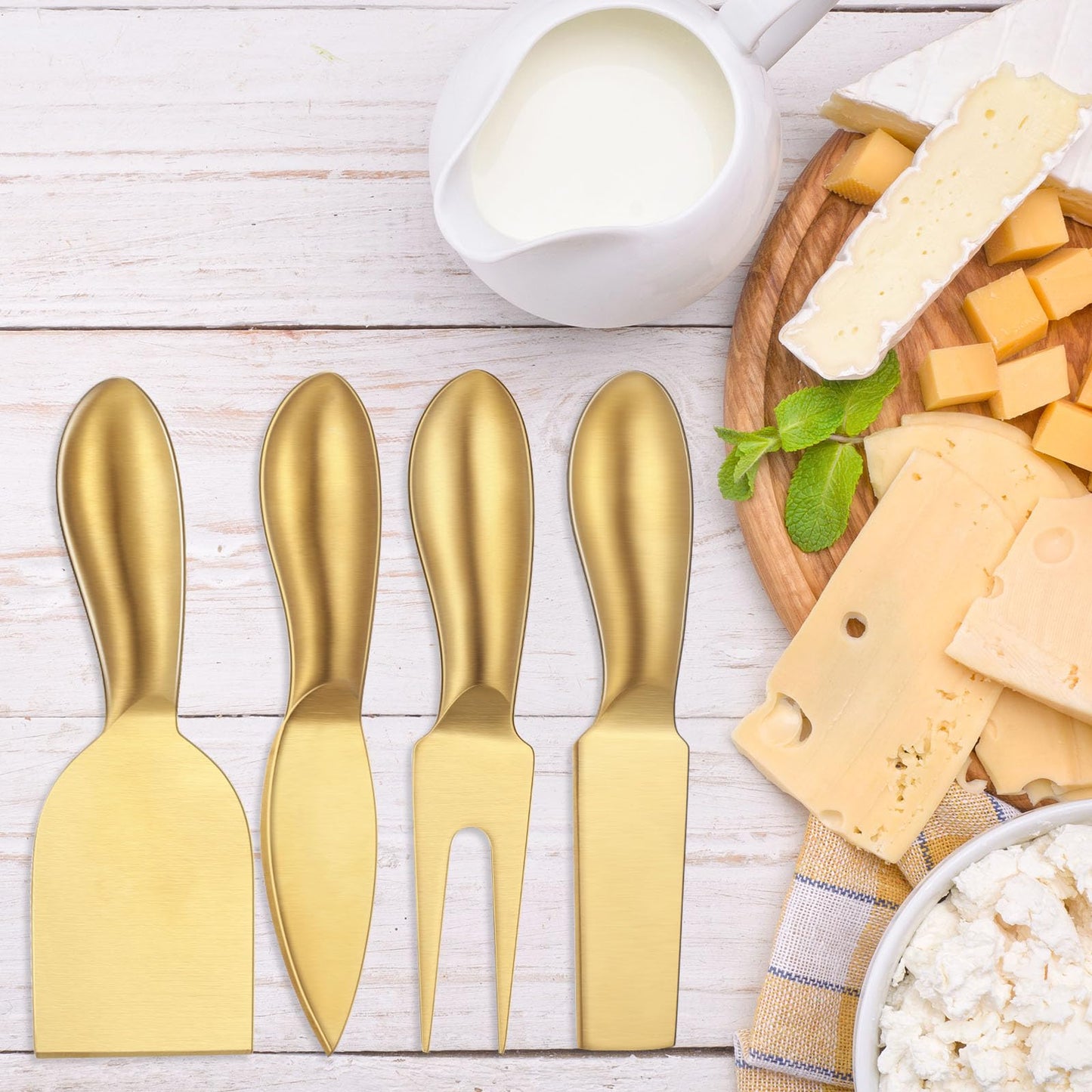 Funnymoom 4 Pcs Gold Cheese Knives Set Stainless Steel Cheese Tools with Cheese Slicer and Cheese Cutters for Kitchen Cheese Board Knife Set for Kitchen Charcuterie Board Accessories Housewarming Gift