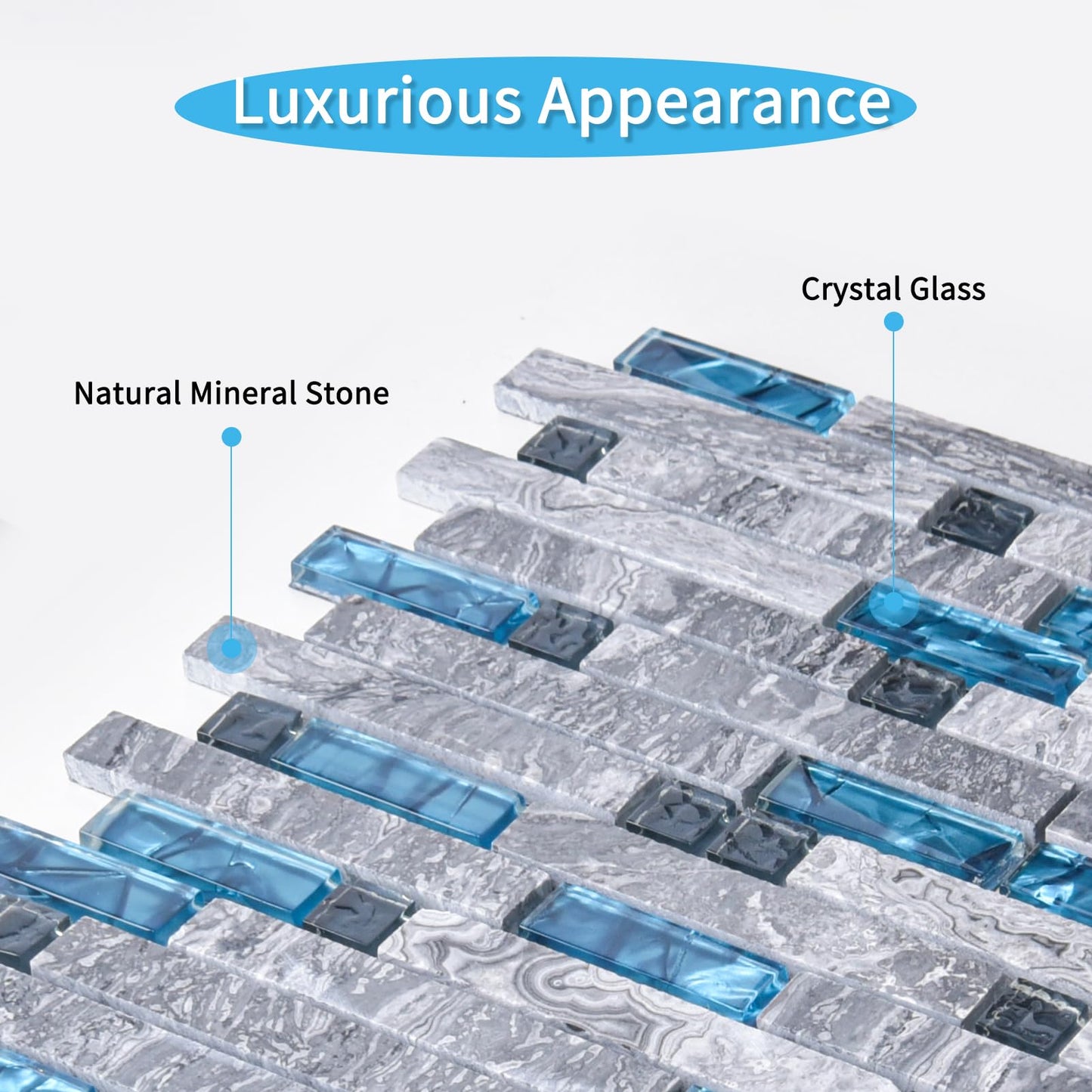 Art3d Grout Decorative Tile, Blue/Gray, Glass, for Kitchen Backsplash or Bathroom Backsplash (5 Pack)