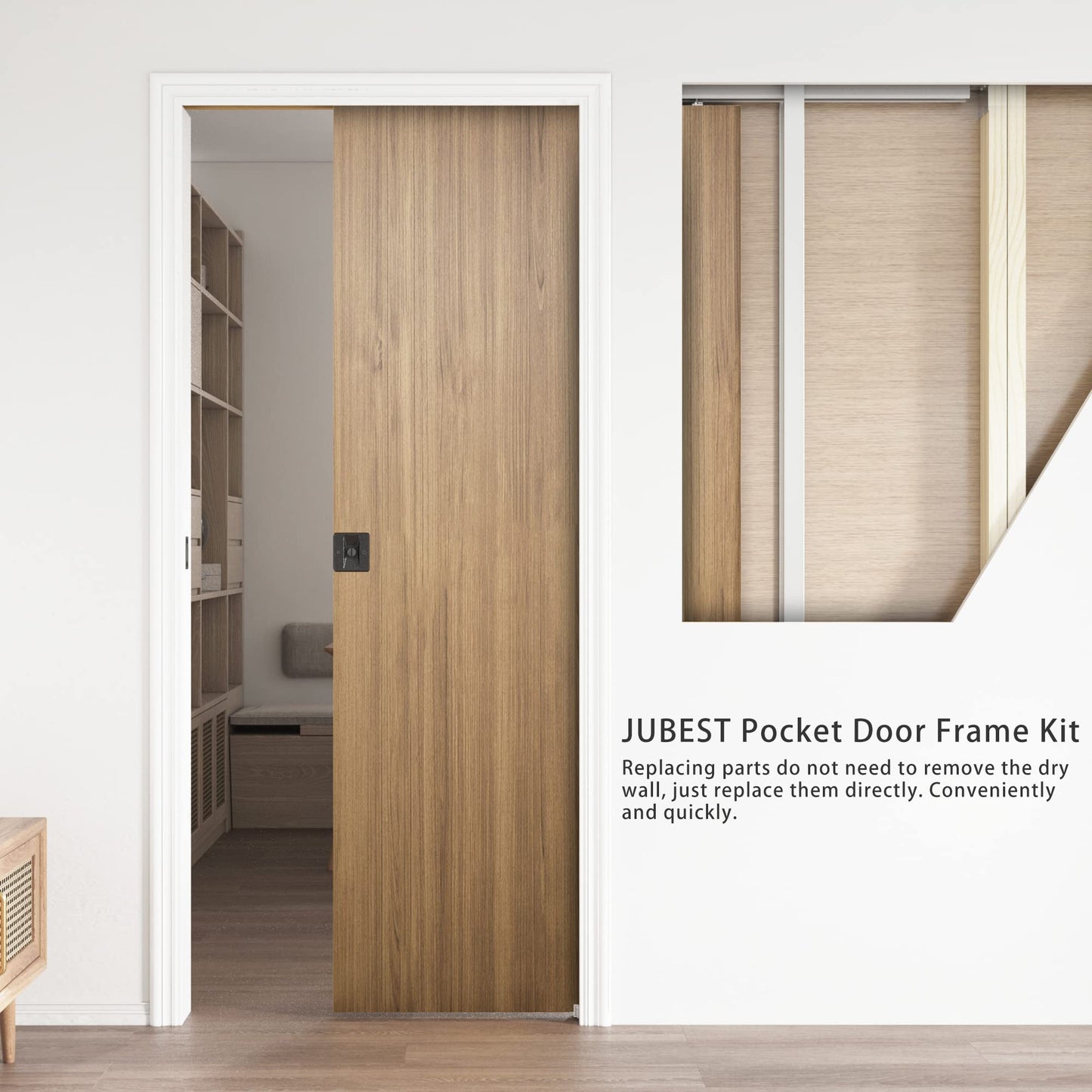 JUBEST 2 Set Pocket Door Frame Kits with 220LBS Two-Way Soft-Close Mechanism, Easy to Install Pocket Door Kit, for Double Door 48" to 72"x80", Durable and Stylish Hidden Door Kit, Smoothly and Quietly
