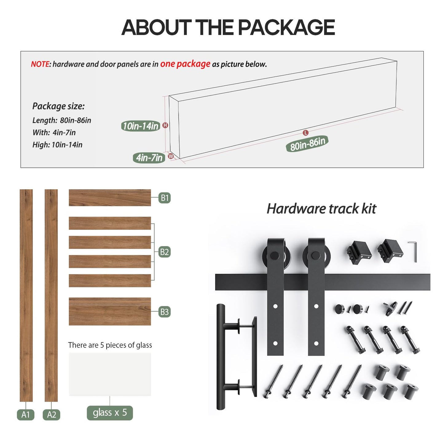 FREDBECK 30in x 80in inch Glass Barn Door with 5.5FT Barn Door Hardware Kit with Handle Included,5-Panel Frosted Glass,Wood Panel,Water-Proof Surface,Need Assembly…