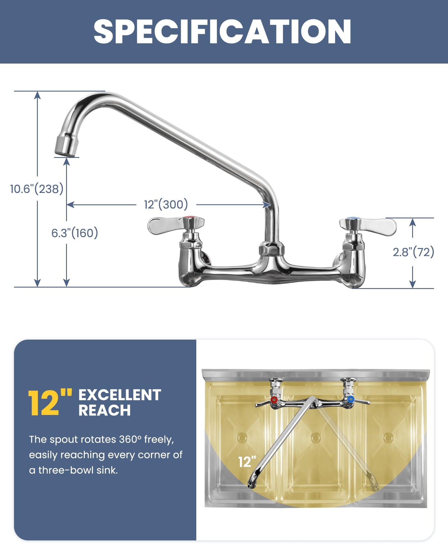 iVIGA Commercial Sink Faucet with 12” Swivel Spout, 8" Center Wall Mount Kitchen Faucet, Dual Handles Brass Utility Sink Faucet for Laundry Room Restaurant Compartment Sink, Polish Chrome