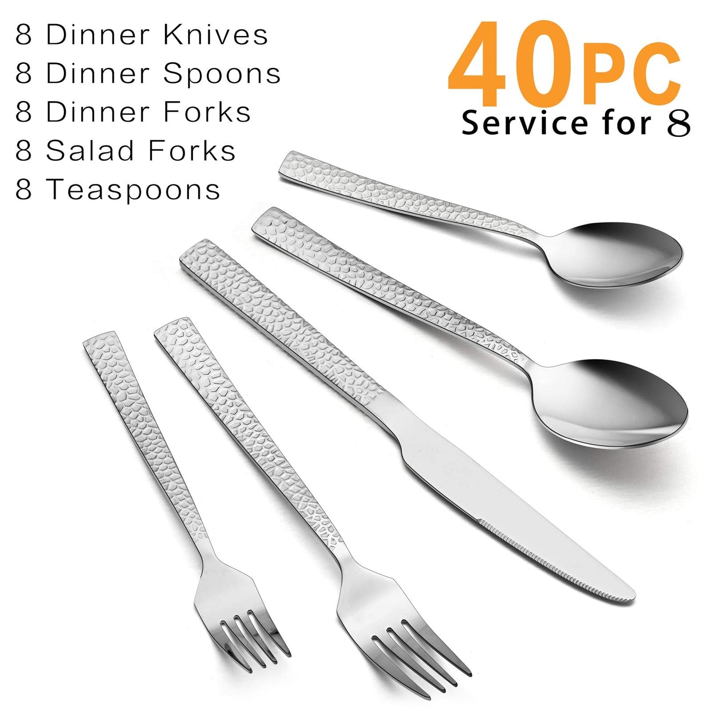 HaWare Hammered Silverware Set, 40-Piece Stainless Steel Flatware for 8, Eating Utensils Tableware Cutlery for Kitchen Hotel Restaurant Party, Mirror Polished - Dishwasher Safe