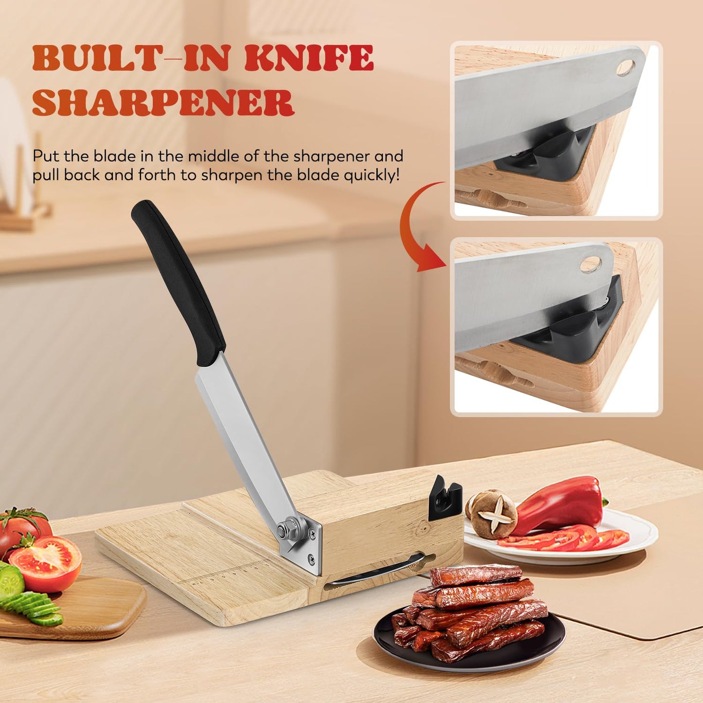Moongiantgo Biltong Slicer Jerky Slicer Cutter with Built-in Knife Sharpener Detachable Knife Rubber Wood Base for Beef Jerky Deli Delicatessen Bacon Hard Fruits Vegetables Herb Ginseng Pastry