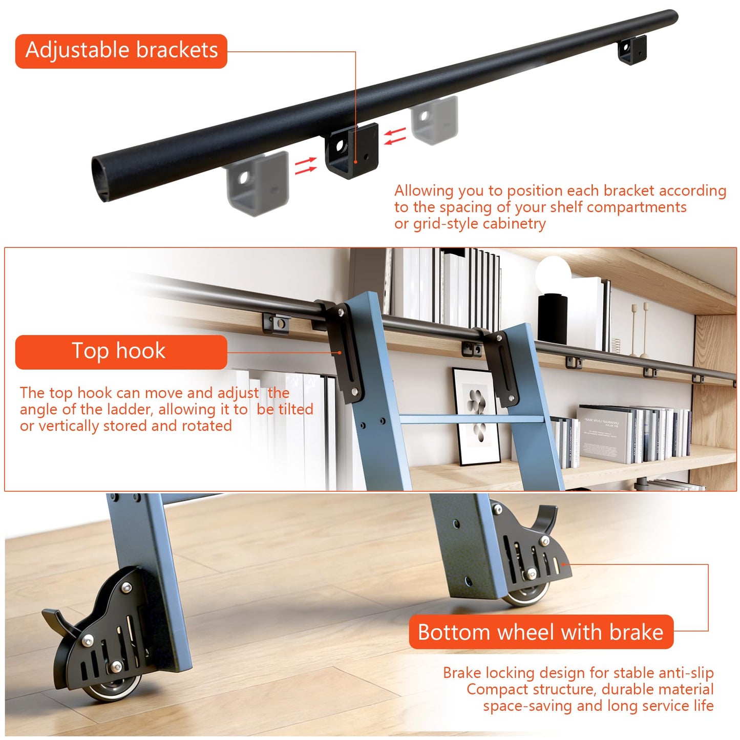 96" Sliding Library Ladder, Blue +8FT Rolling Track Kit