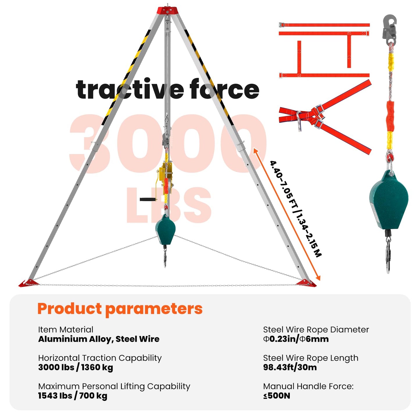 3000lbs Confined Space Tripod Kit, 3000 Lbs Winch, Adjustable 7' Legs & 98' Cable, Steel Confined Space Rescue Tripod with 33' Fall Protection/Harness/8' Protection Chain for Confined Spaces Safety