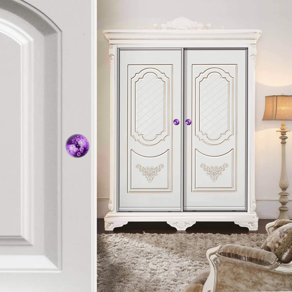 BNYZWOT 12 PCS Crystal Cabinet Knobs Round Glass Bubbles Knobs Smooth Drawer Pulls Handle for Home, Cabinet, Drawer and Dresser with 3 Different Size Screws, 30MM (Purple)