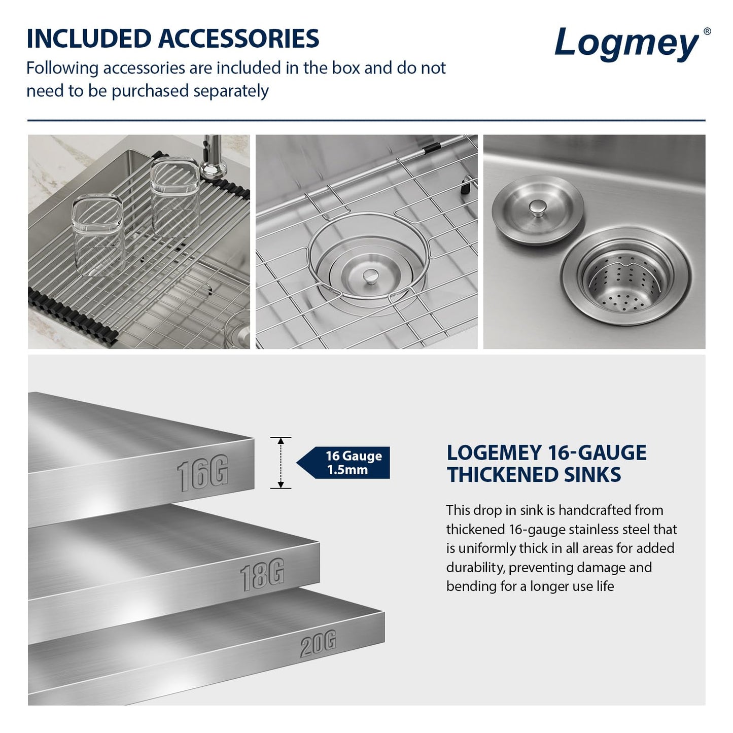 Logmey 33 Drop In Kitchen Sink - 33x19 Inches Stainless Steel Drop-in Kitchen Sinks 16 Gauge Round Corner Topmount Sink Overmount Single Bowl Kitchen Sinks