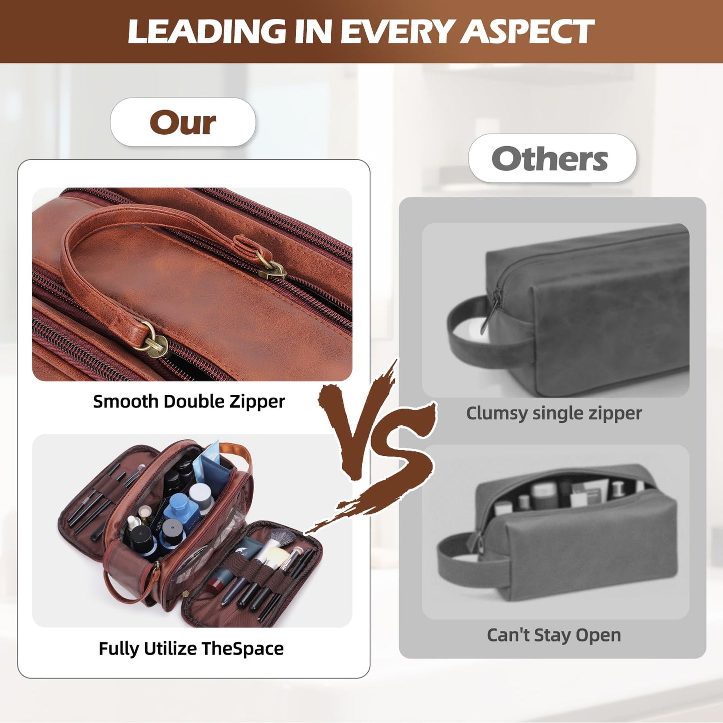 Ecttunafe Engraved Father Day Gifts Toiletry Bag for Men Dad Husband, Custom Initial PU Leather Waterproof Toiletry Organizer Dop Kit Shaving Bag Travel Essentials, Large, Durable, Brown,J