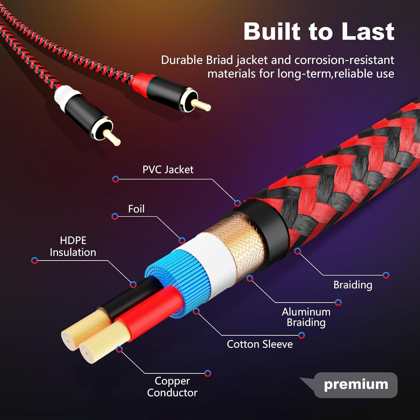 Jelly Tang 25Ft,2Rca 2-Rca etc(25Ft/8M) RCA Cable Male to Male Audio Stereo Subwoofer Cable [Hi-Fi Sound] Nylon-Braided