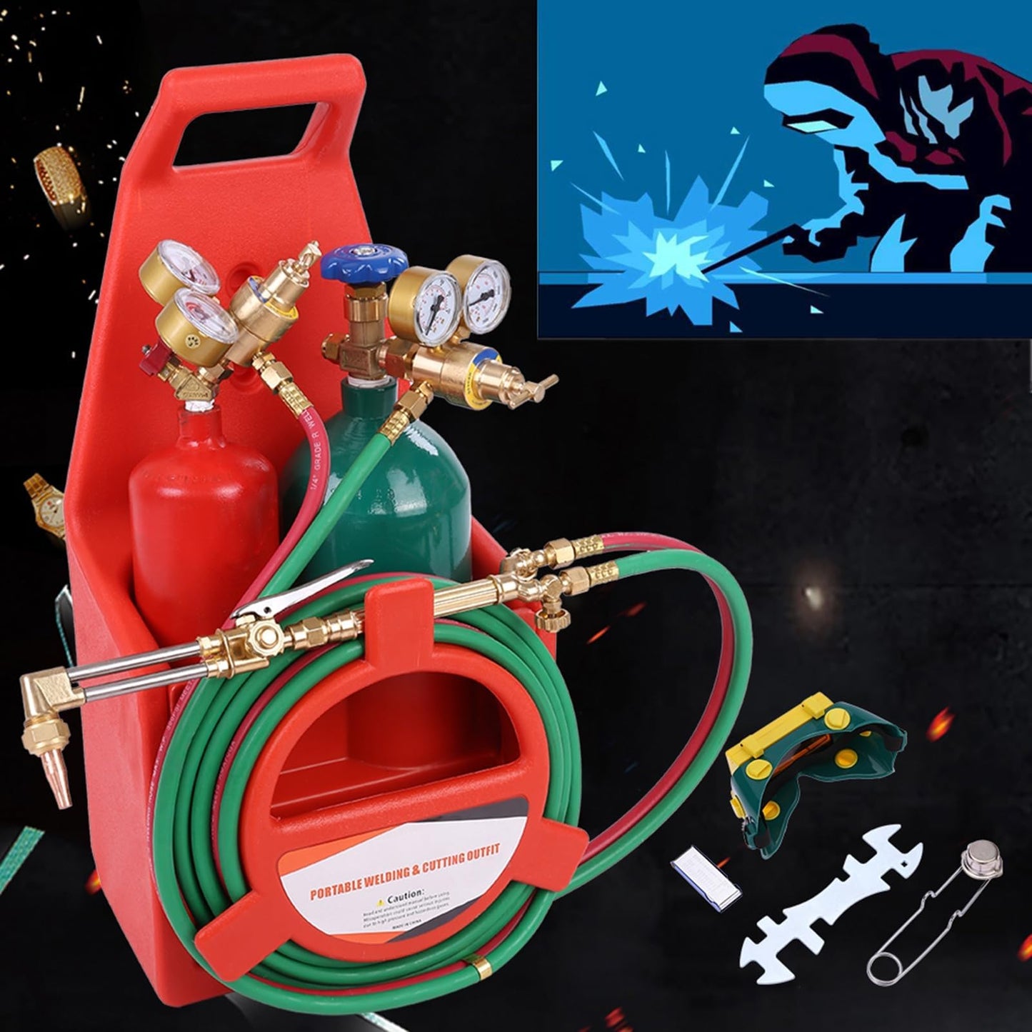 Oxyacetylene Torch Kit - Portable Welding Cutting Torch Kit with Gauges & Long Brass Nozzle, Oxy Acetylene Tanks, Regulators & Hoses, Oxy Acetylene Torch Set with Cutting Torches (US Fast Arrival)