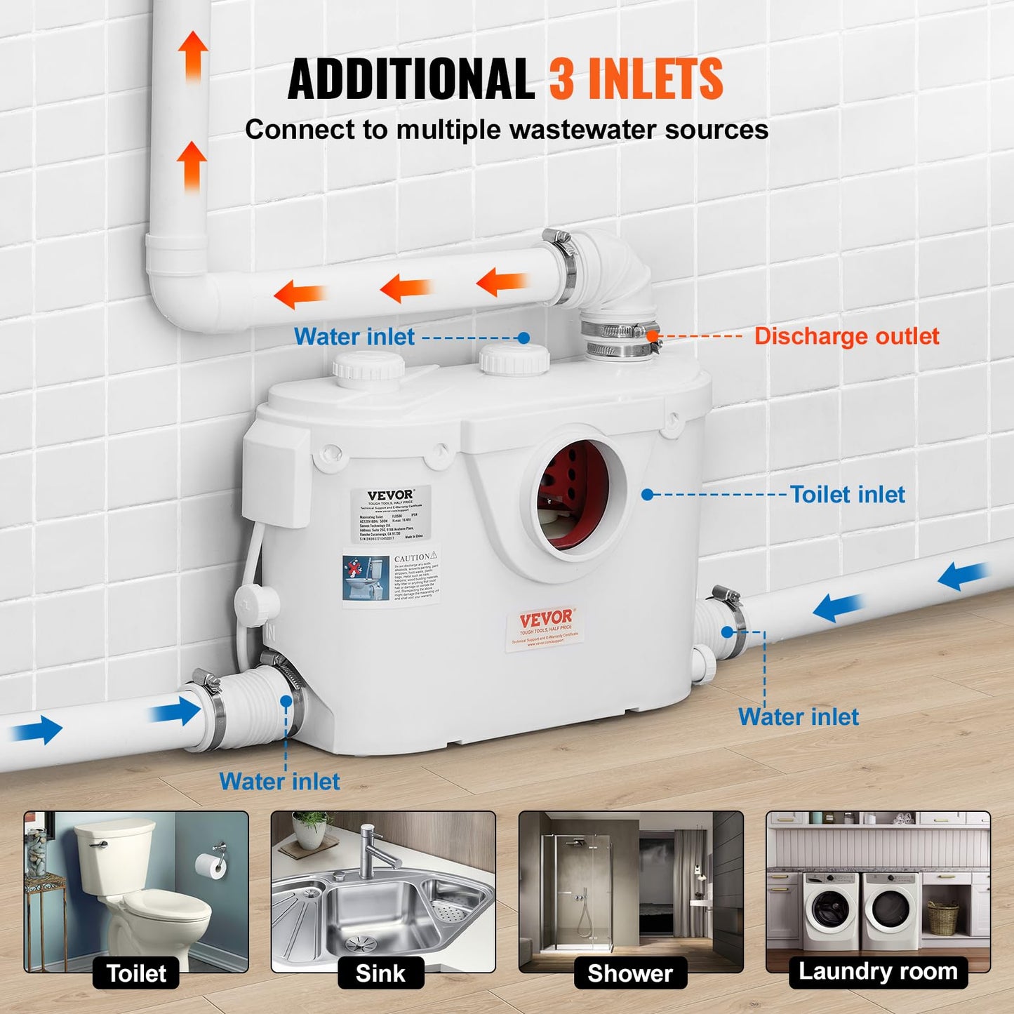 VEVOR Macerating Toilet System with Powerful 500W Macerator Pump, Rear Discharge and Upflush Toilet For Basement, Dual Flush Water Disposal, Macerating Toilet System Kit with 3-Inlet, Space Saving