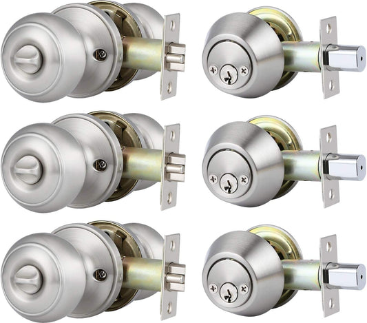 Brotima 3 Pack Keyed Alike Entry Door Knob and Deadbolt Set, Satin Nickel Double Cylinder Deadbolt Lock Set, Round Style Door Knobs Deadbolt for Exterior/Front Door