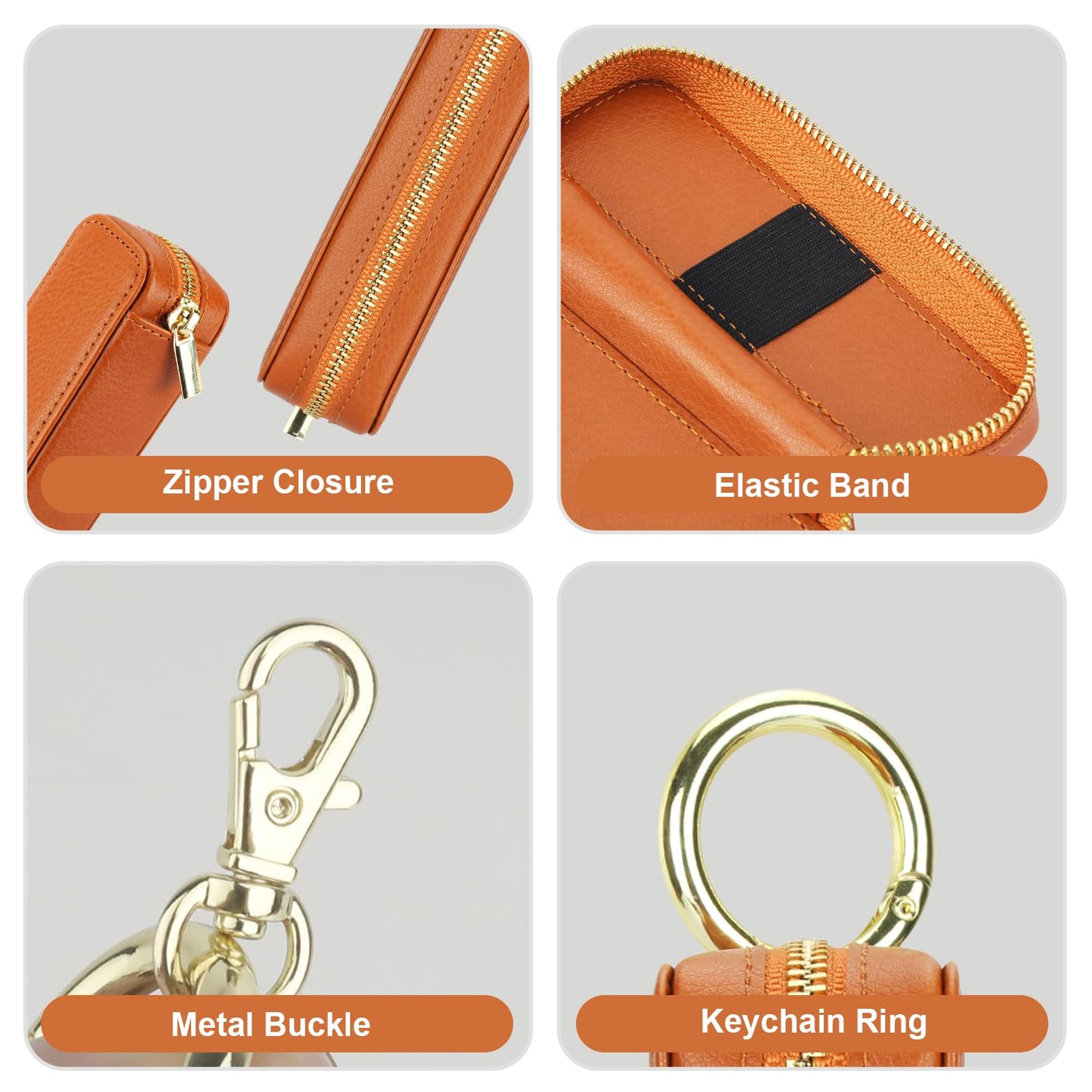 Bocasal Leather Lipstick Case Holder Chapstick Keychain Pouch, Zipper Lip Balm Lip Gloss Bag for Purse with Key Chain Elastic Band, Makeup Travel Organizer Cosmetic Storage Kit for Women Girls (Brown)