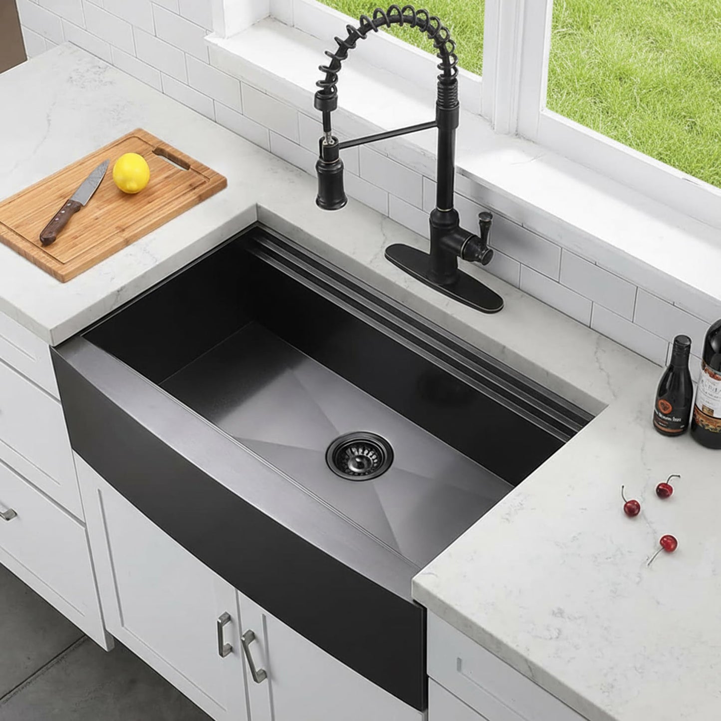 KINGO HOME 33 inch Black Farmhouse Sink, 16 Gauge Double Ledges Stainless Steel Farmhouse Kitchen Workstation Sink, All In One Apron Front Deep Single Bowl Kitchen Farm Sytle Farmer Sinks 33"x20"x9