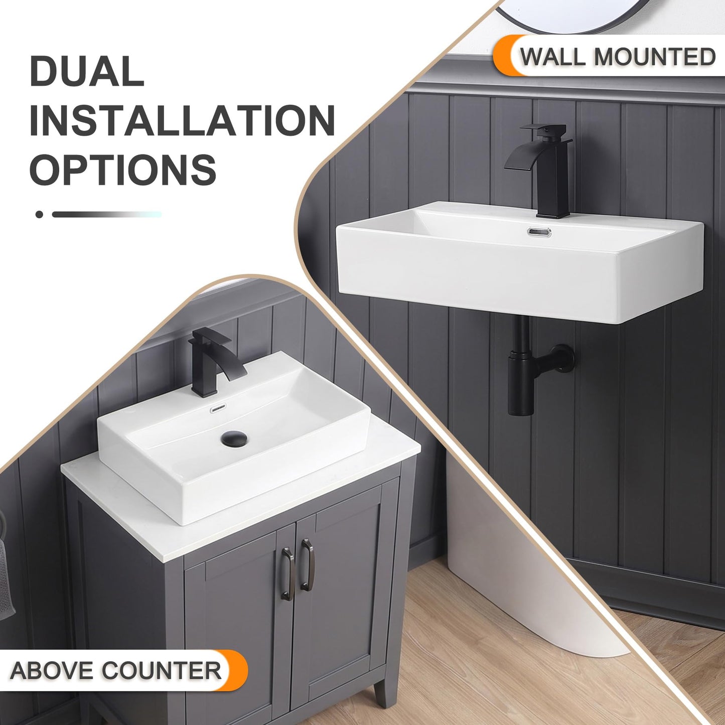 DEHOMEN 24-in Rectangle Wall Mount Bathroom Sink with Overflow, White Vanity Counter Top Lavatory Hand Basin for Modern Bathroom