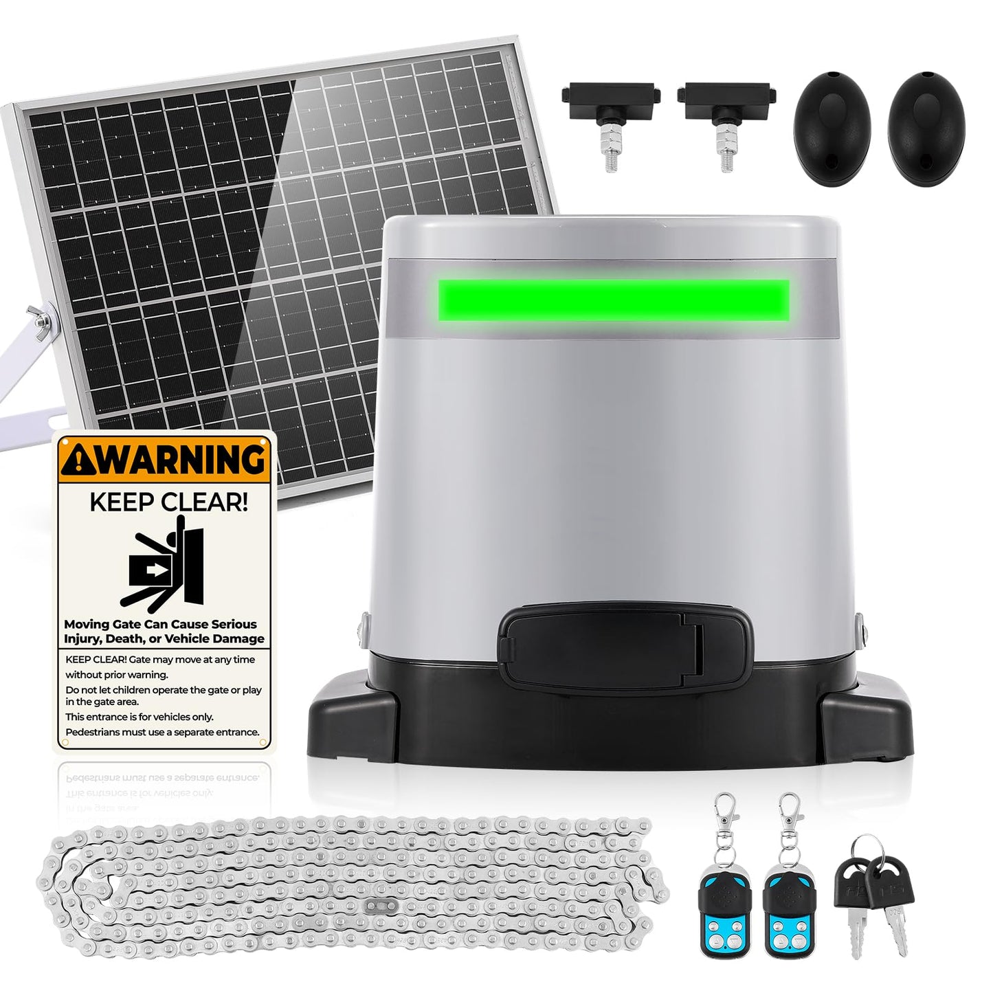 1300lbs Solar Sliding Gate Opener Chain Drive with Built-in Backup Battery, WiFi Remote Control, IR Sensor, Automatic Gate Motor for Heavy Driveway Slide Gates, Off-Grid Operation with Solar Panel