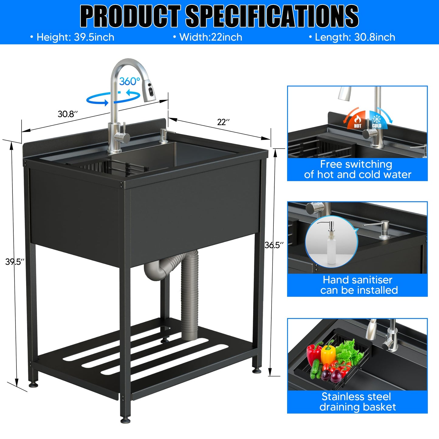 30inch Stainless Steel Utility Sink, Commercial Kitchen Single Bowl Sink with Cold and Hot Water Faucet,Hoses and Drain Kit,Stainless Utility Sink for Kitchens, Bathrooms, Garage, Laundry Room