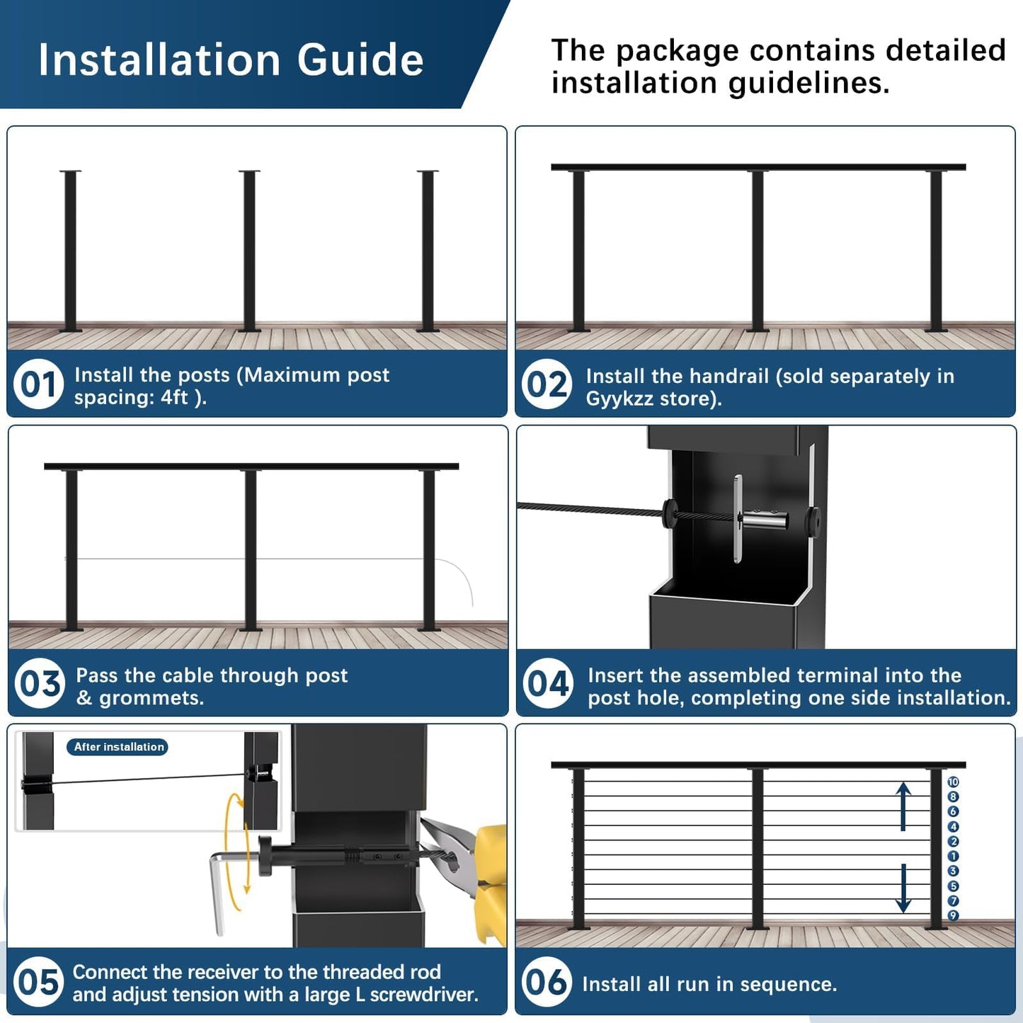 Gyykzz 36" 12–20FT Swageless Cable Railing Kit, Black Modular Railing System 4 Level Post Kit with Patented No-Crimp Terminals, Cable Length Adjustable Easy DIY for Deck, Stair, Balcony (No Handrail)