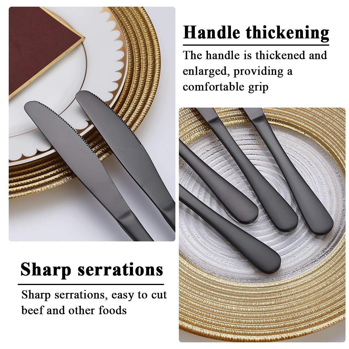 Evanda Black Dinner Knives 12 Pieces,Titanium Plating Black Stainless Steel Steak Knives Set Table Knives, Flatware Butter knife Knives Set Cutlery Set, Dishwasher safe