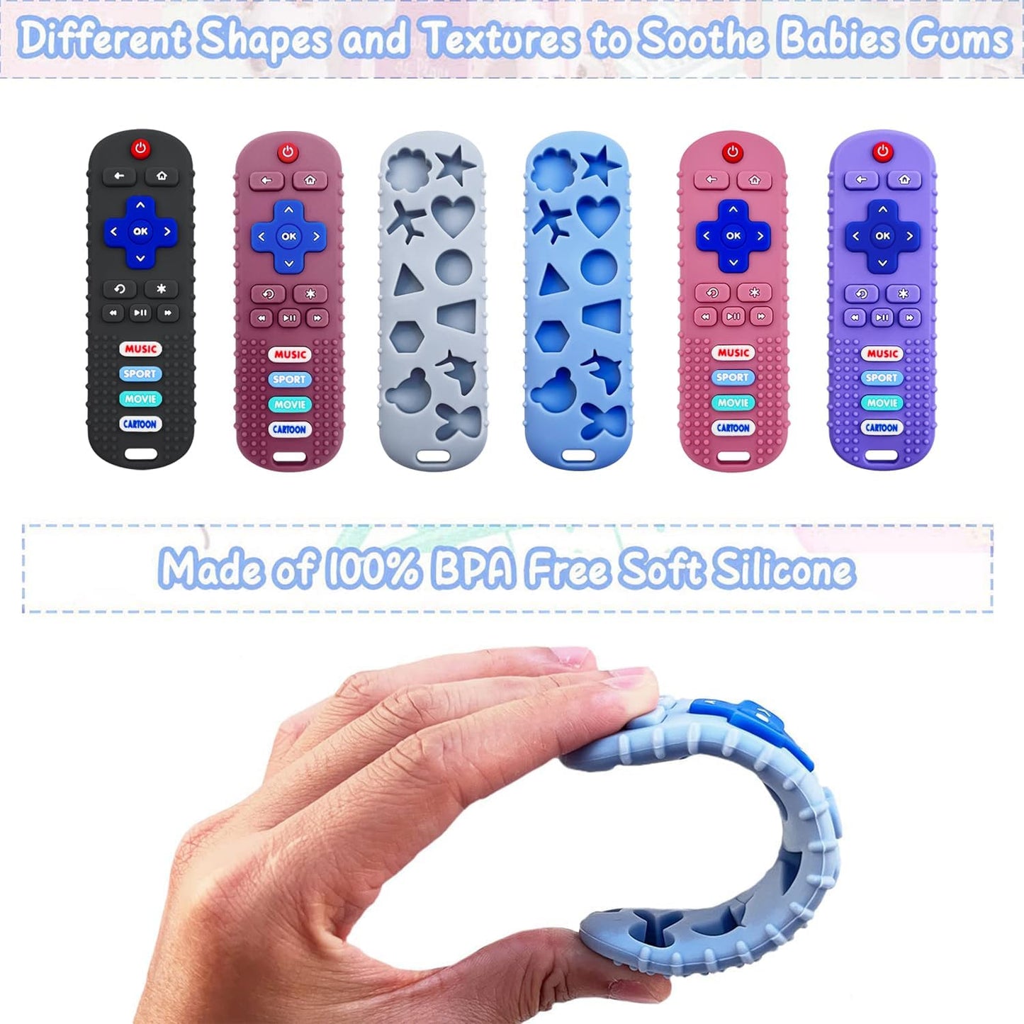 2-Pack Baby Remote Control Teether Toy for Babies 0-18 Months Silicone Infant Teething Toys Boys Girls Infants Teething Toys (Black + Gray)