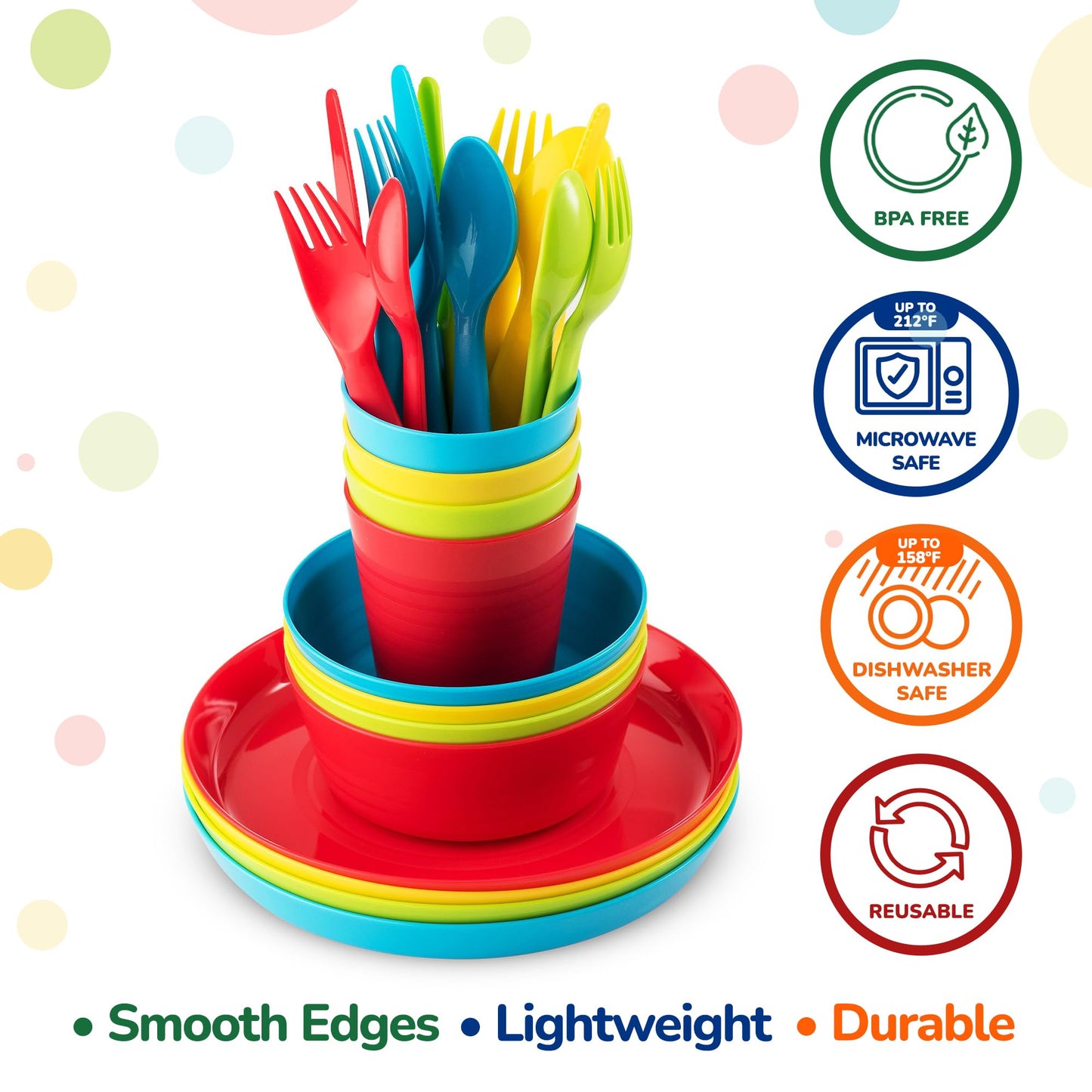 Plaskidy Kids Dinnerware Set for 4-24 Piece Plastic Childrens Dishes Dinnerware Sets Microwave/Dishwasher Safe BPA Free - Toddler Dinner Set Includes Kids Plates and Bowls Kids Cups Flatware Set
