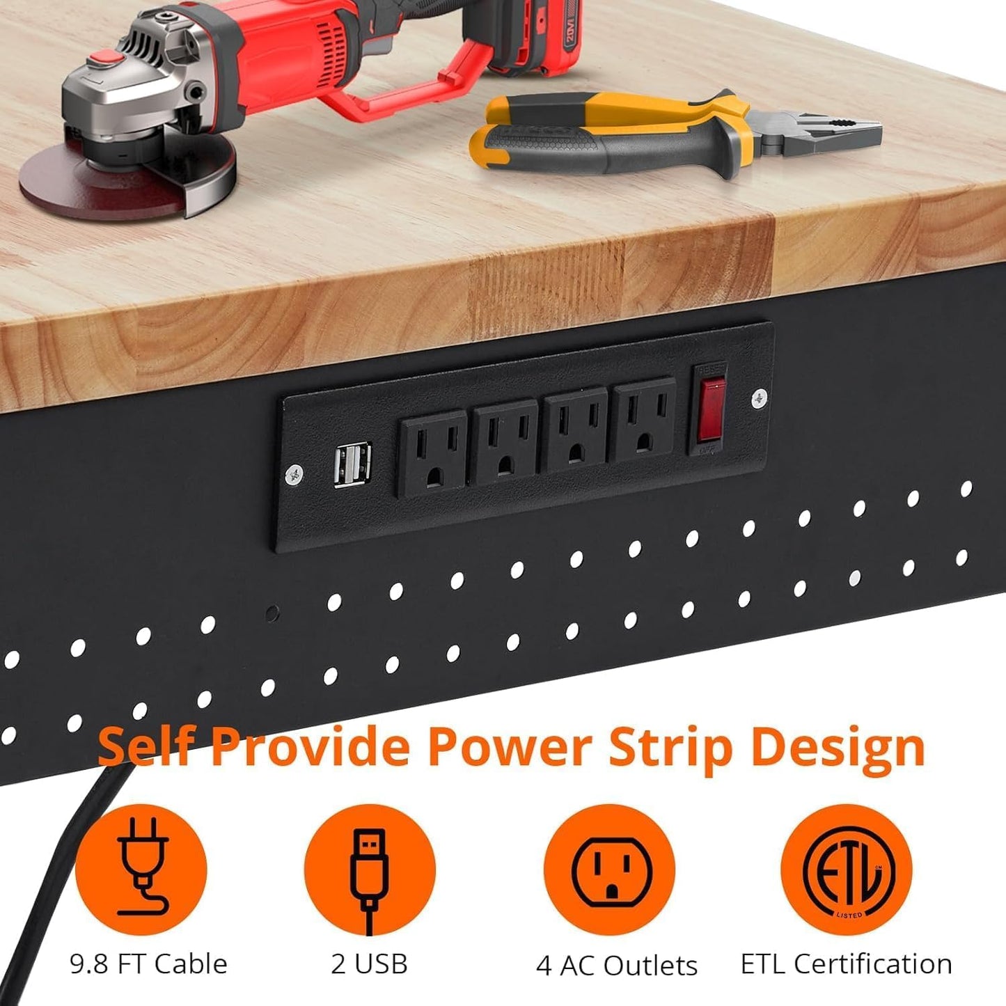 60" Adjustable Garage Workbench with Wheels, 2000LB Capacity, Hardwood Top, Power Outlets, Heavy Duty Work Table for Workshop, Home Office, Tools