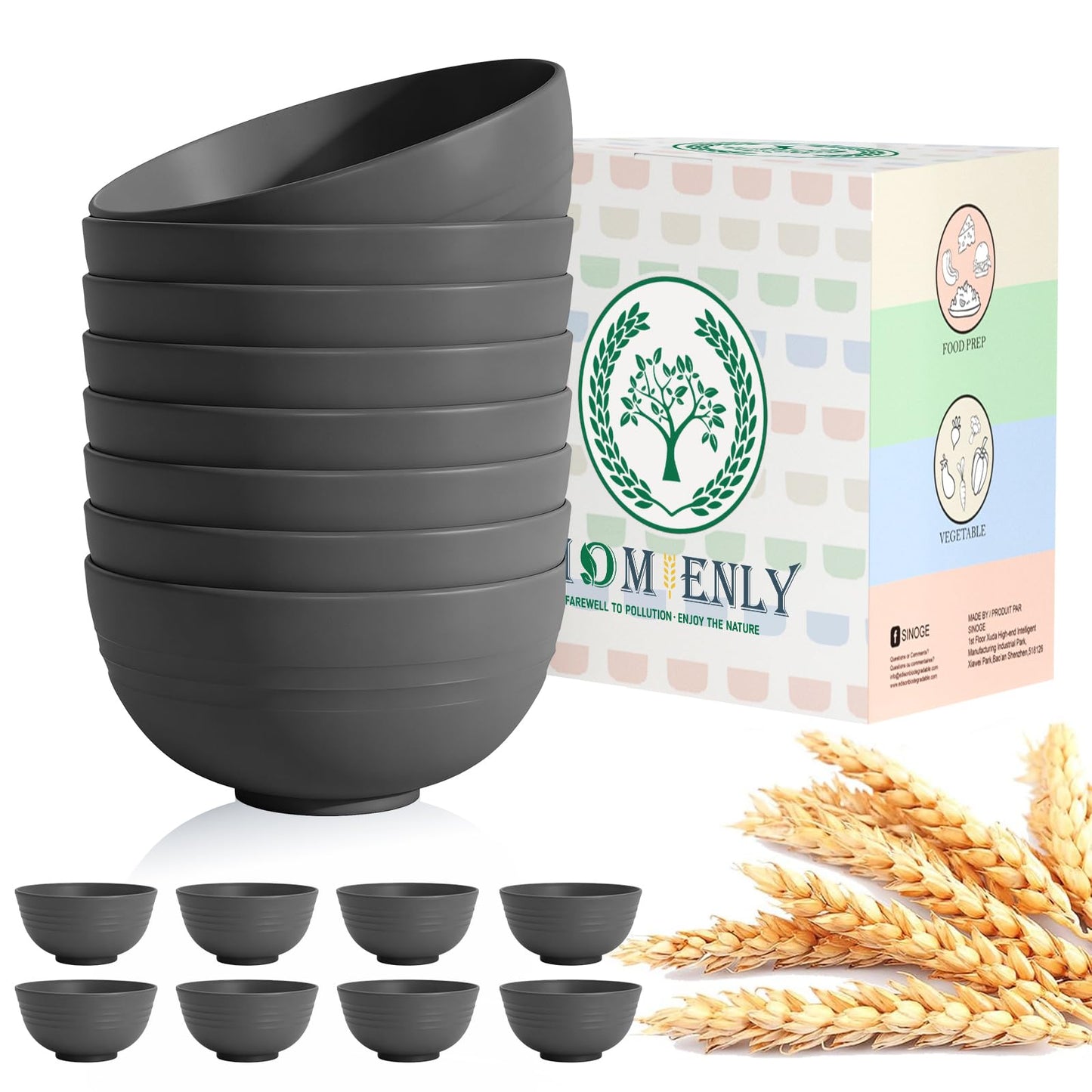 Hoimenly Wheat Straw Bowls for Kitchen, Unbreakable Cereal Bowl Set of 8, 26oz Microwave and Dishwasher Safe Bowls Set for Party, Camping, Alternatives to Plastic Bowl, Stackable Soup Bowls(Dark Grey)