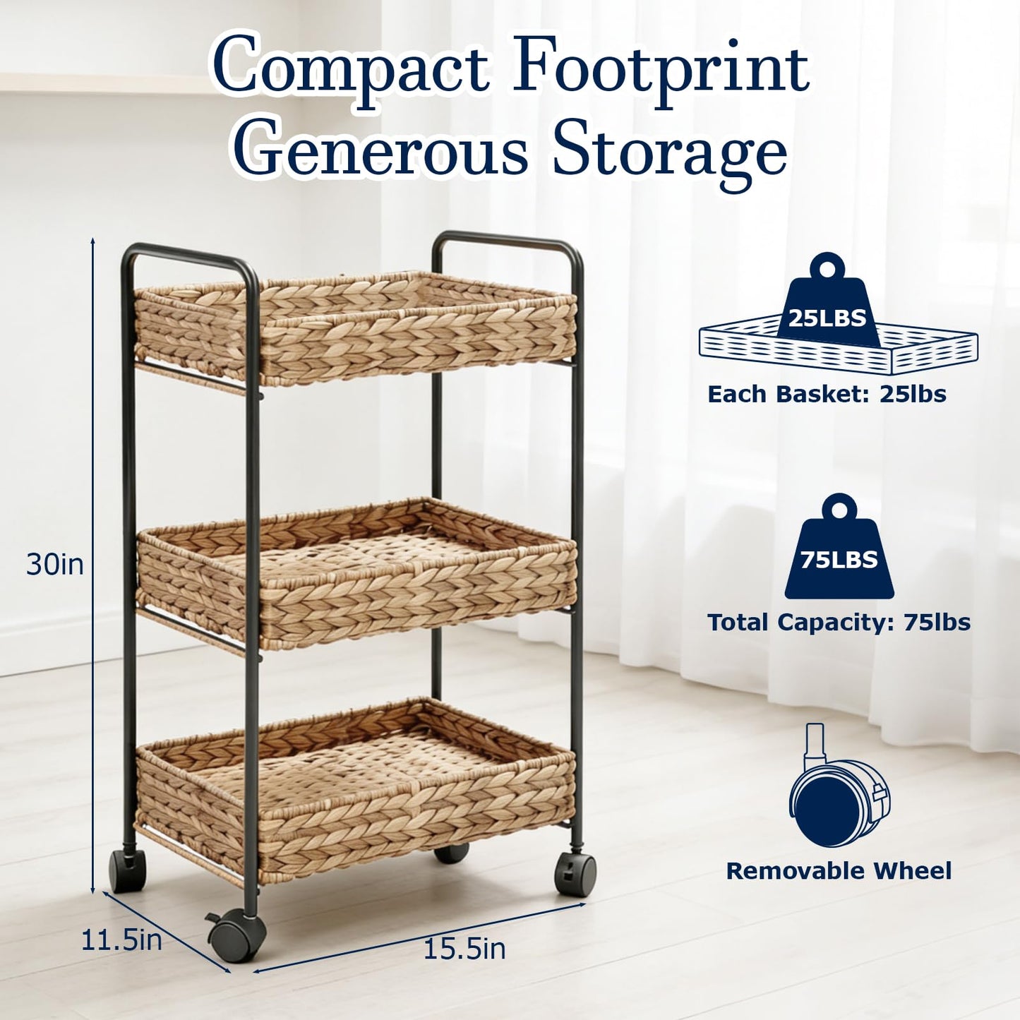 LuyaVogue 3 Tier Bathroom Cart with Woven Baskets, Bedside Cart for Baby Essentials, Boho Nursery Storage Cart, Slim Bathroom Cart Organizer, Natural Wicker Style