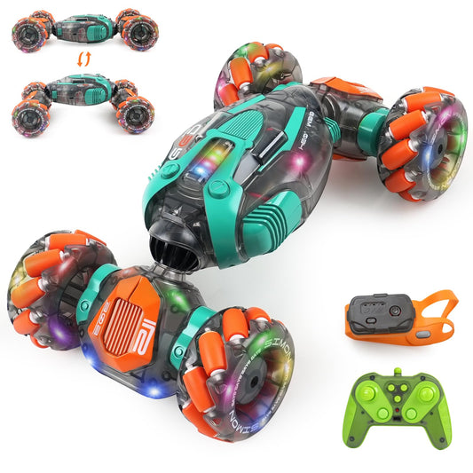 QPOU Gesture Sensing RC Stunt Car for Kids - 2.4Ghz Remote & Hand-Controlled Toy, Birthday Gifts for Boys 6 7 8 9 10 11 12 Year Old, Twist Off-Road Vehicle with Lights & Music