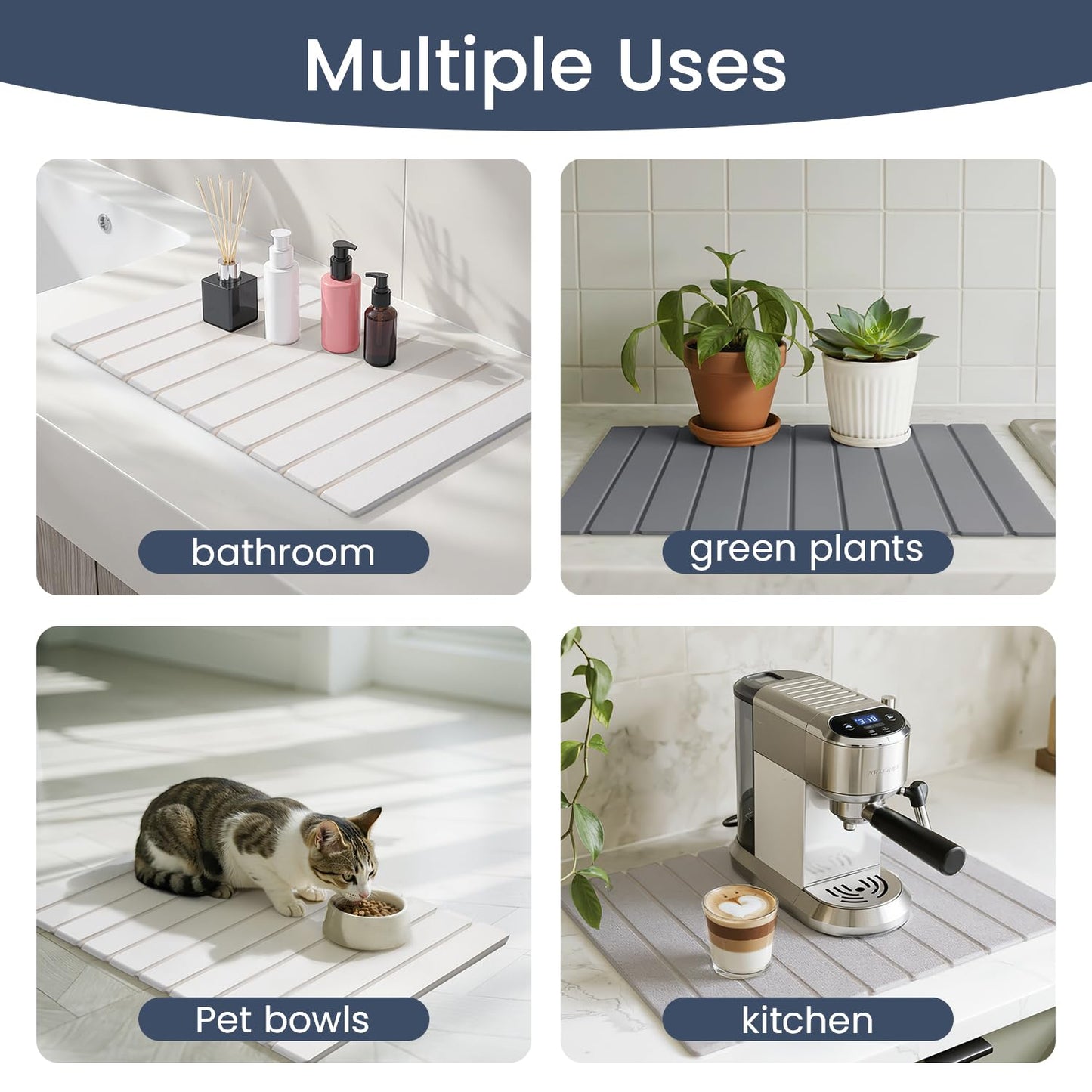 Meowoo Stone Drying Mat for Kitchen Counter, 15.7"x11.8" Foldable Diatomaceous Earth Mat, Super Absorbent, Quick-Dry Bath & Kitchen Pad for Dishes, Cups, Non-Slip, Fits Any Countertop - Dark Gray
